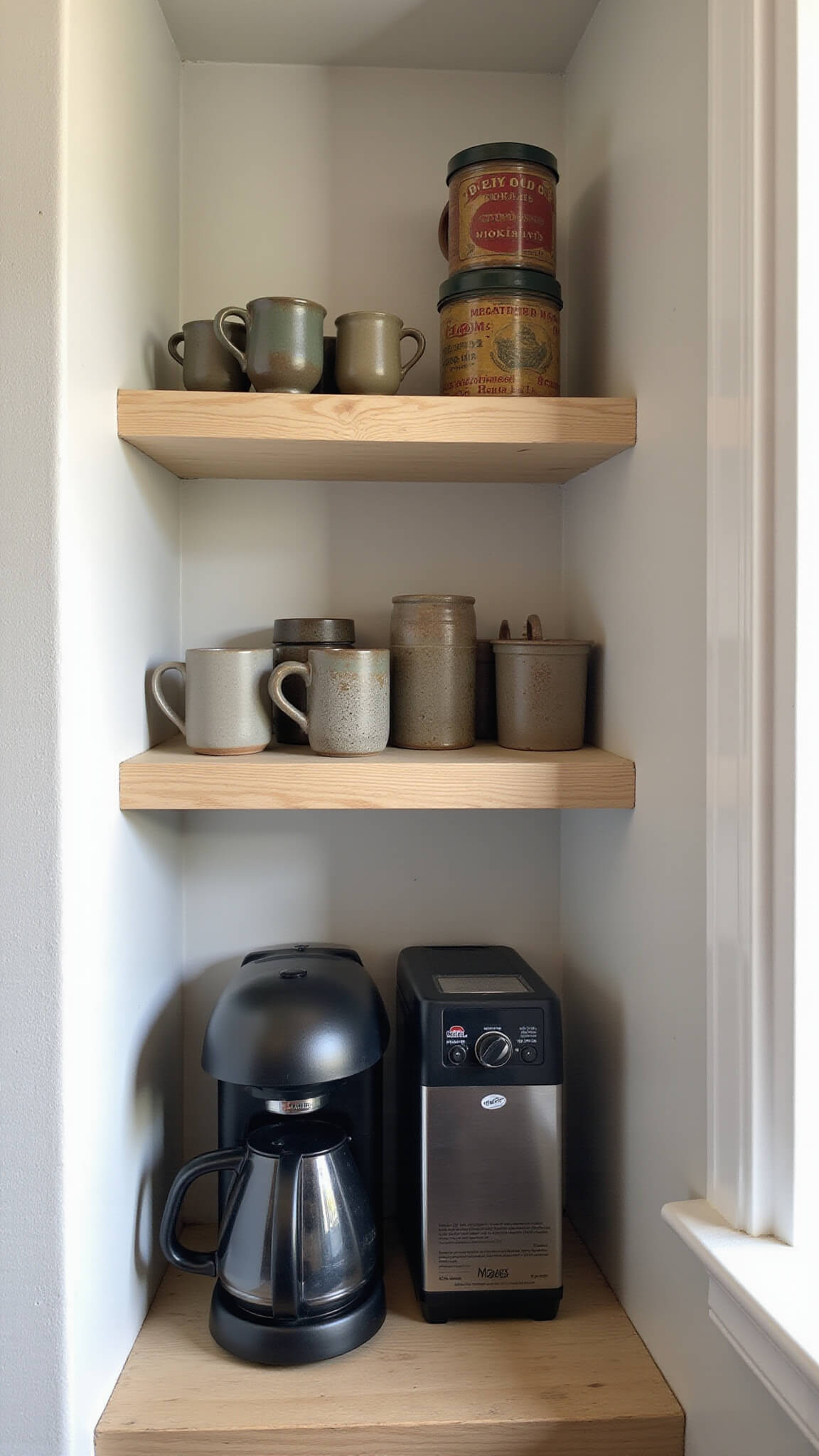 Cozy coffee station with white oak shelves, stoneware mugs, vintage tins, and matte black espresso machine in morning light.