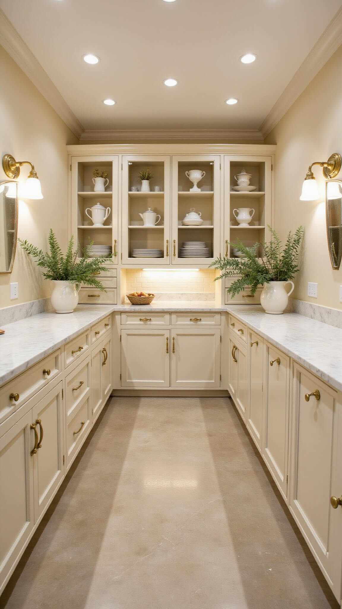 Symmetrical butler's pantry with cream floor-to-ceiling cabinets, white ironstone collection, brass sconces, marble countertops, and vintage silver accents.
