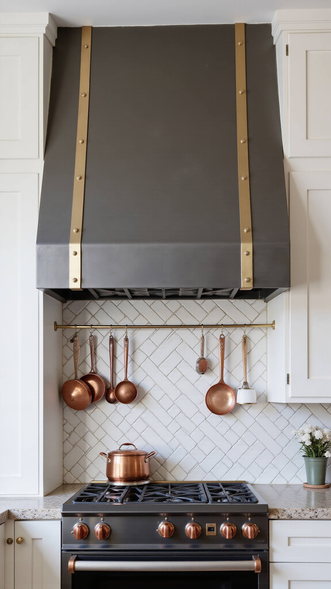 Close-up of custom zinc range hood with brass straps, herringbone ceramic tile backsplash, matte black professional range with copper accents, hanging copper pots, wooden spoons, and dramatic task lighting.