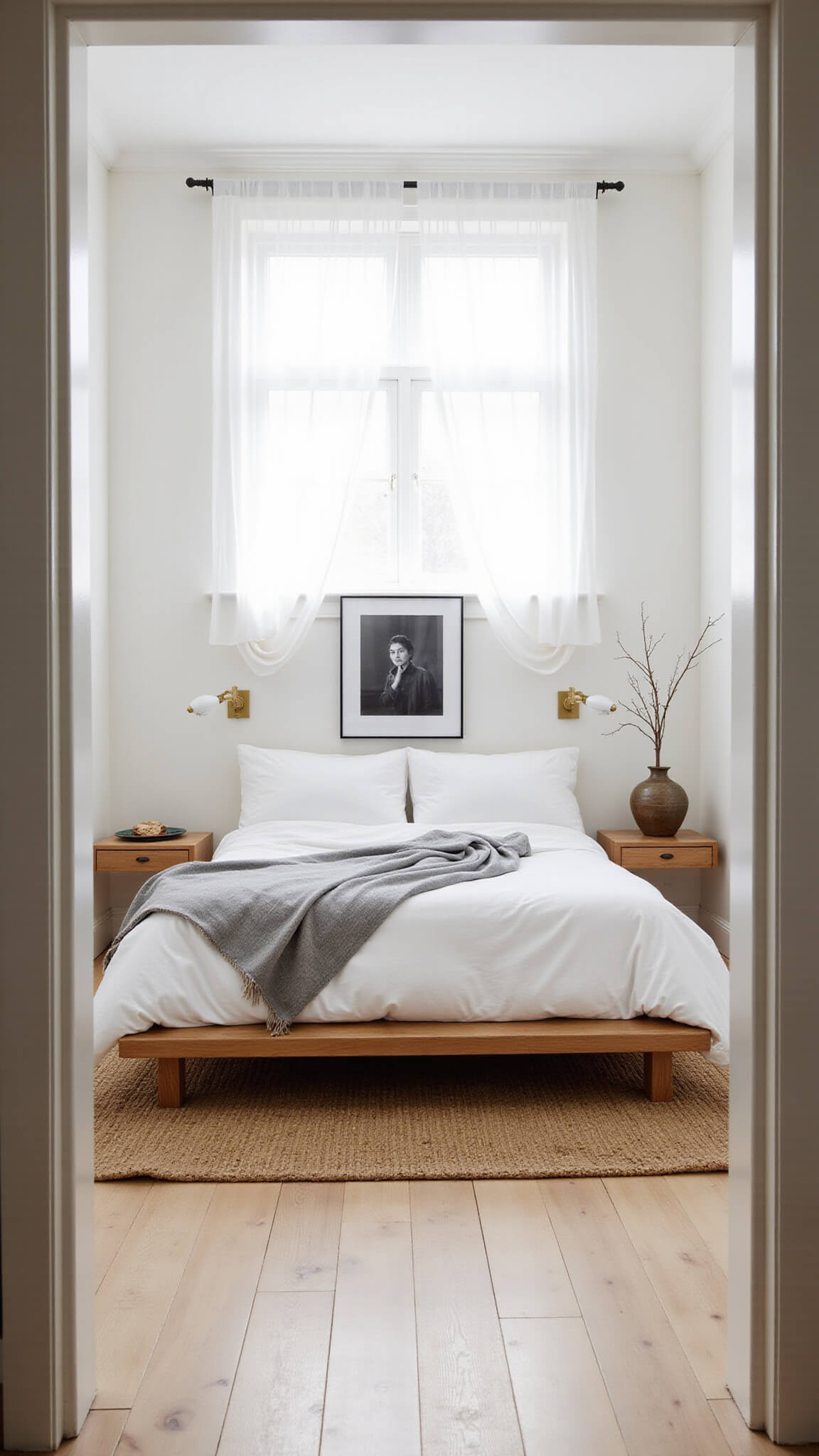 Serene bedroom with oak platform bed, white linens, and morning light through sheer floor-to-ceiling curtains.
