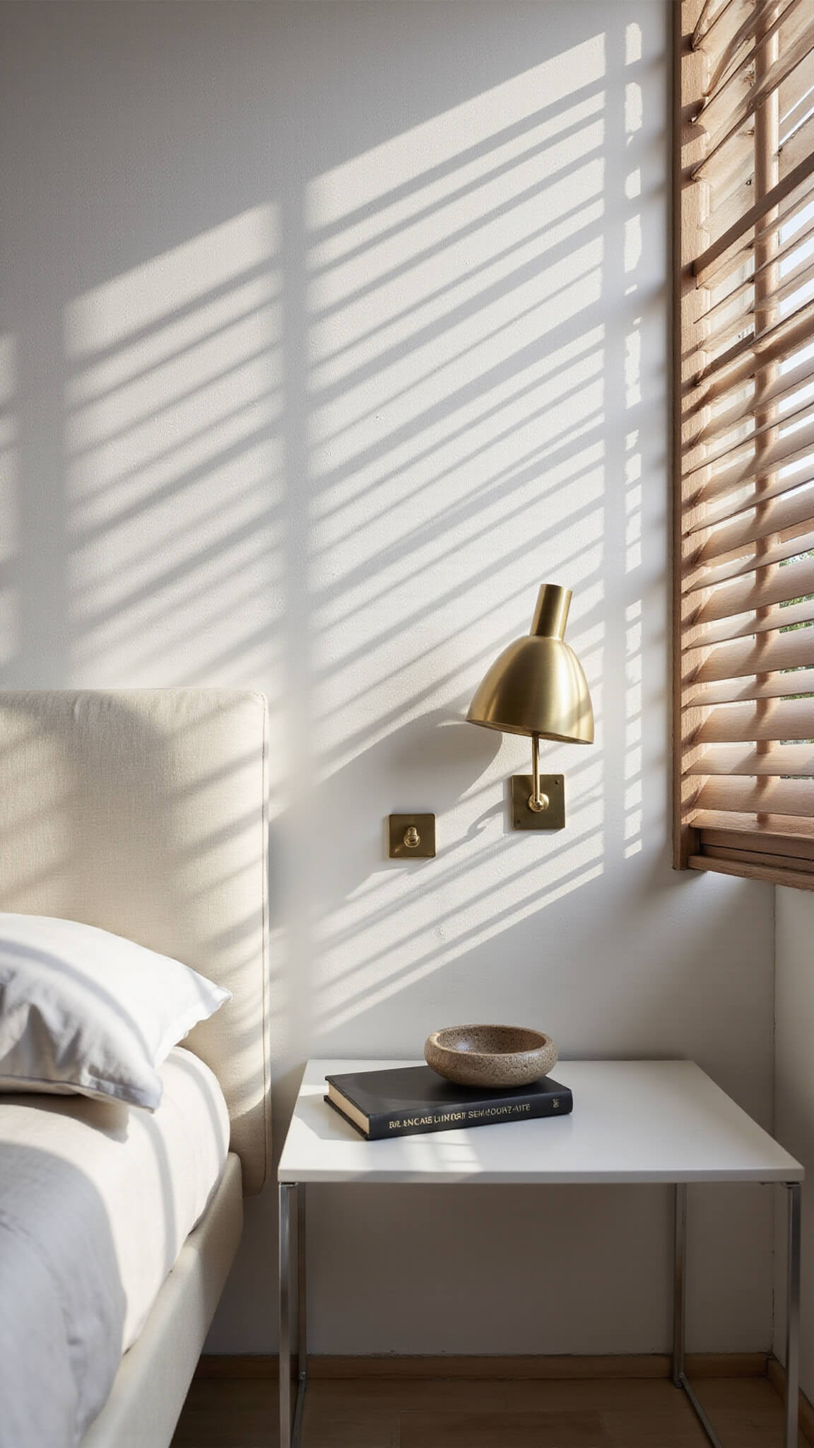 Close-up of floating acrylic nightstand beside low linen bed, with brass lamp, stone bowl, and art book in afternoon light casting shadows through wooden blinds on textured plaster wall.
