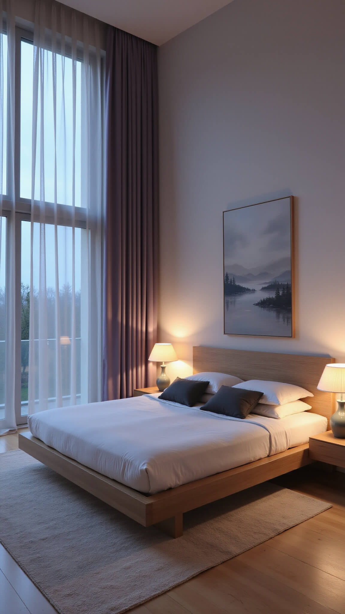 Wide-angle view of modern 16x18ft bedroom at dusk with floor-to-ceiling windows, lilac drapes, platform bed, ambient table lamps, and abstract wall art.