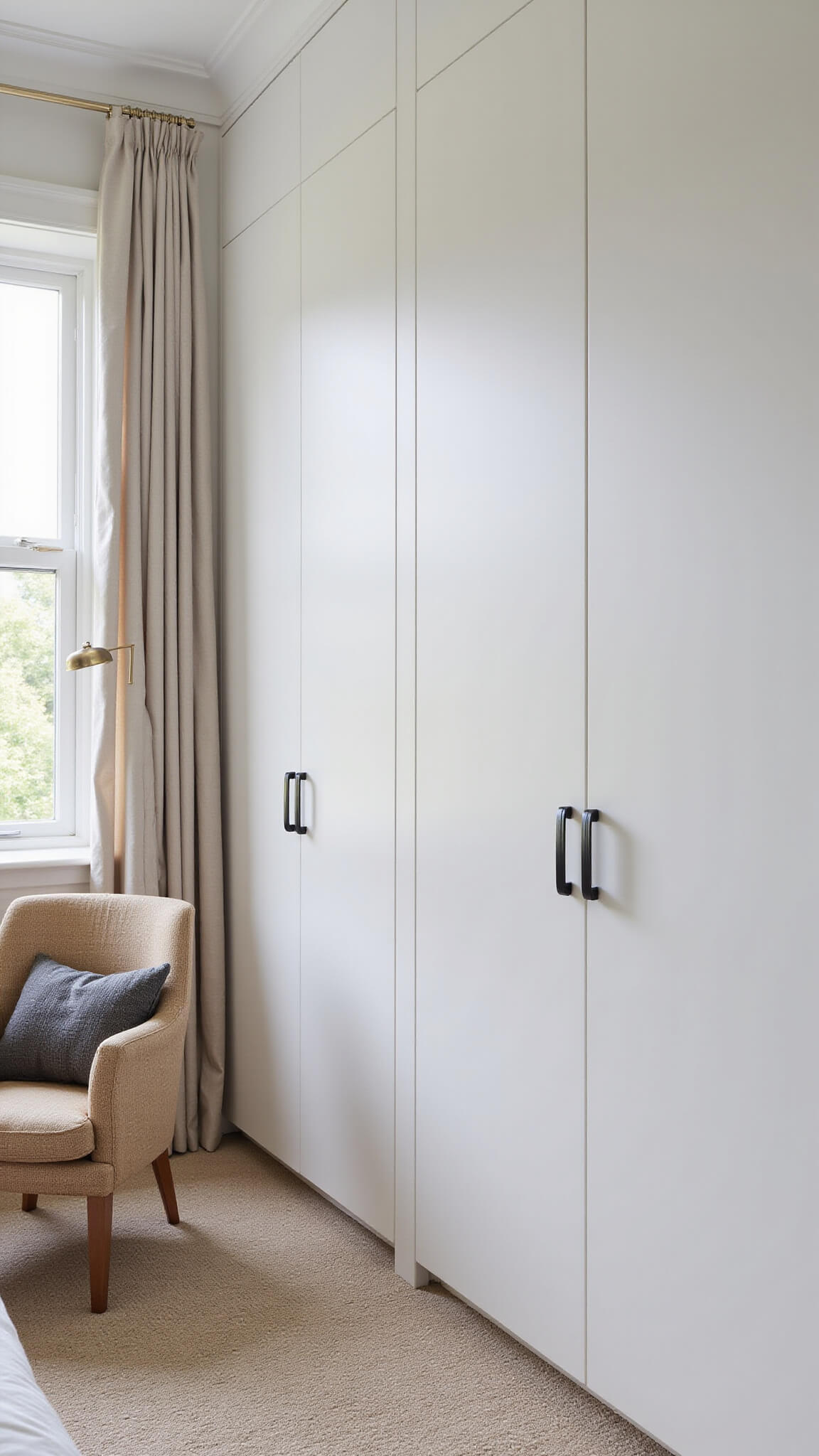 Built-in floor-to-ceiling matte white cabinets in 15x15ft bedroom with bouclé chair, brass lamp, and natural morning light highlighting minimalist design.