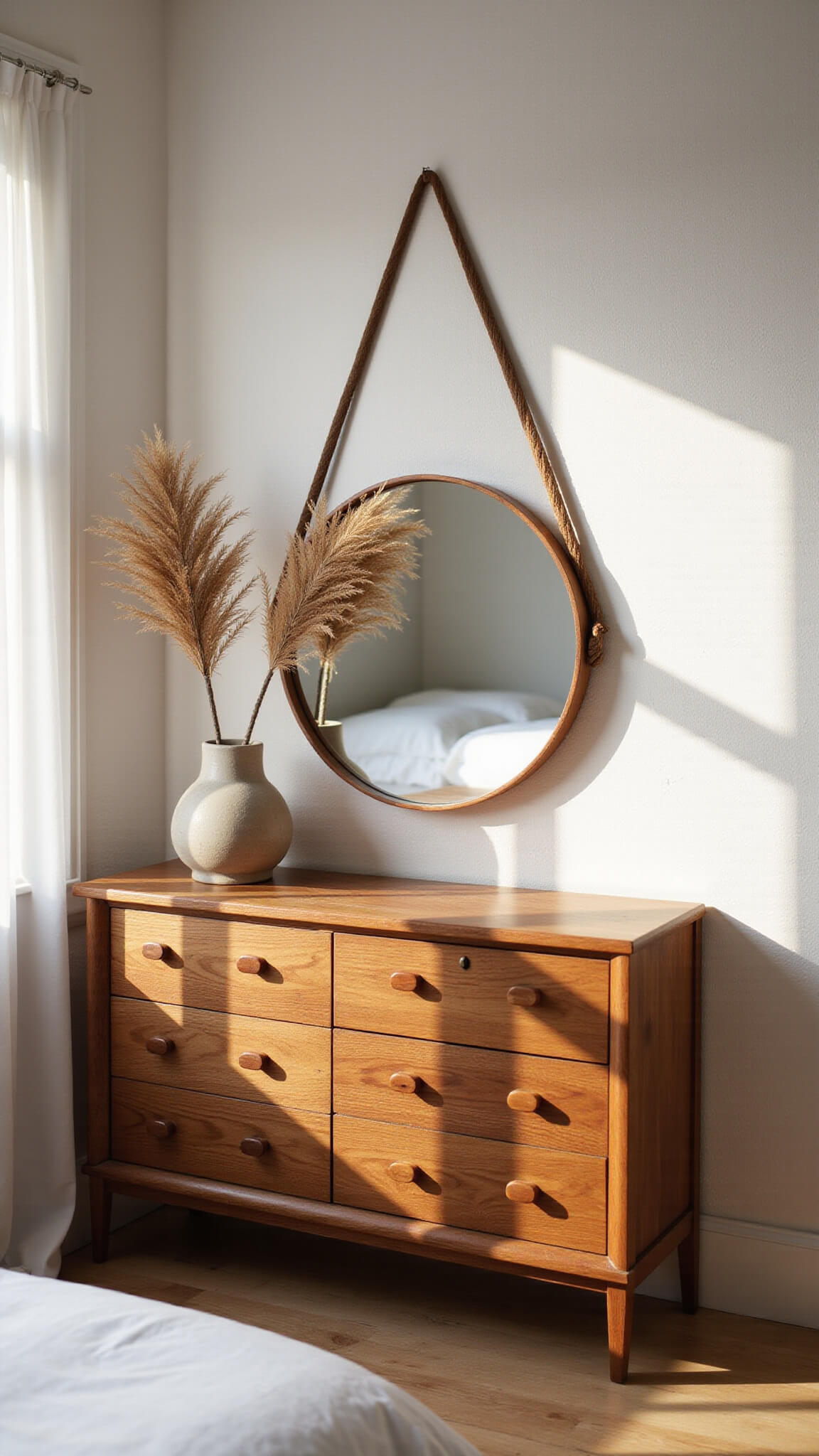 Sunlit bedroom corner with walnut dresser, circular mirror, ceramic vase holding dried palm frond, and soft shadows on textured white wall.