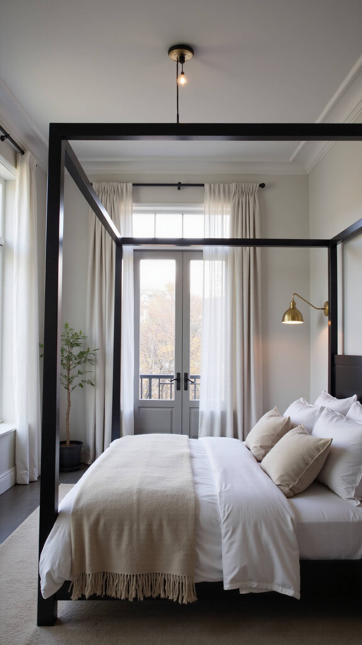 Moody master bedroom at twilight with black four-poster bed in textured white linens, brass pendant lights, and large windows with sheer curtains.