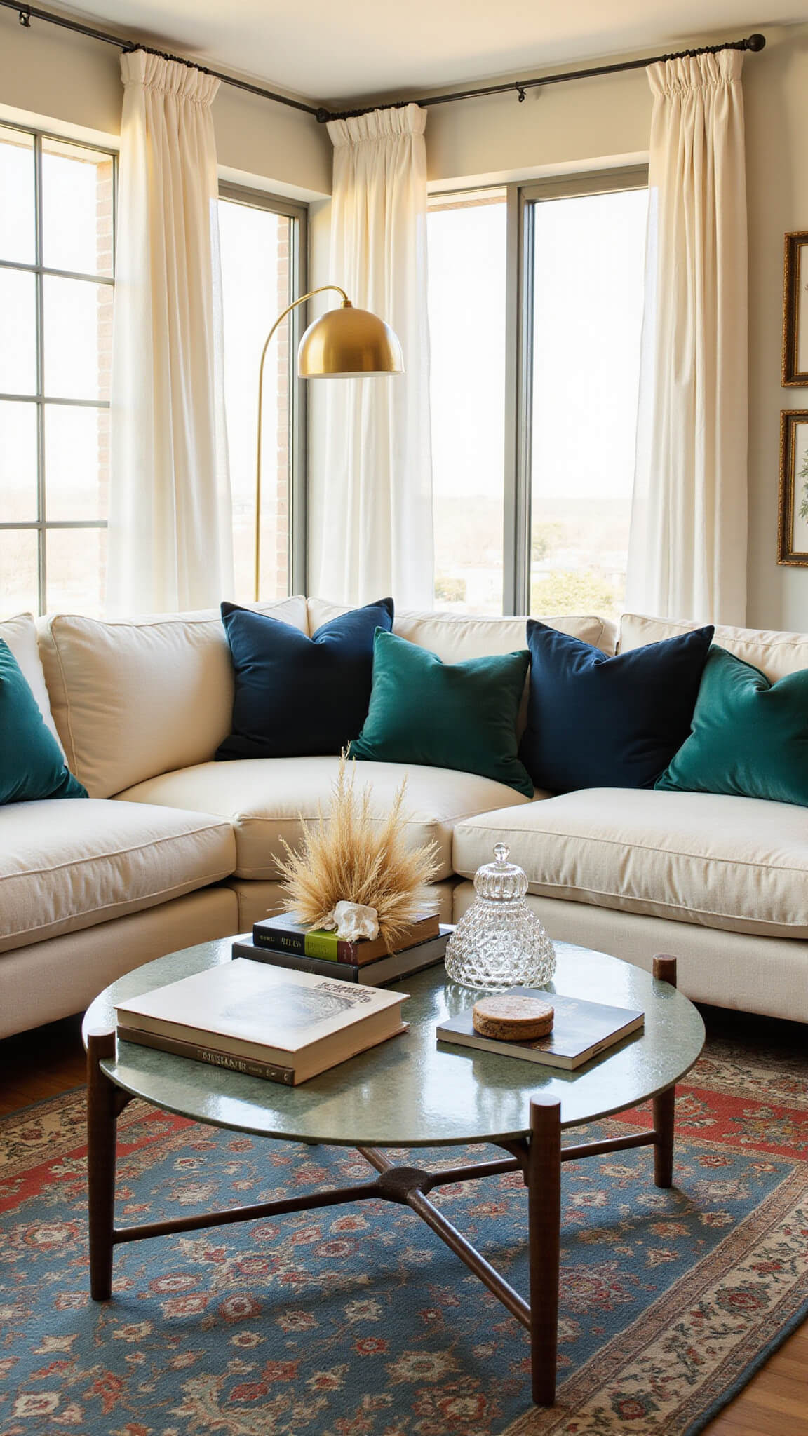 Bright 14x16ft living room at golden hour with sunlight streaming through floor-to-ceiling windows, featuring a cream linen sectional, velvet pillows, brass floor lamp, Persian rug, styled coffee table, and billowing sheer curtains.
