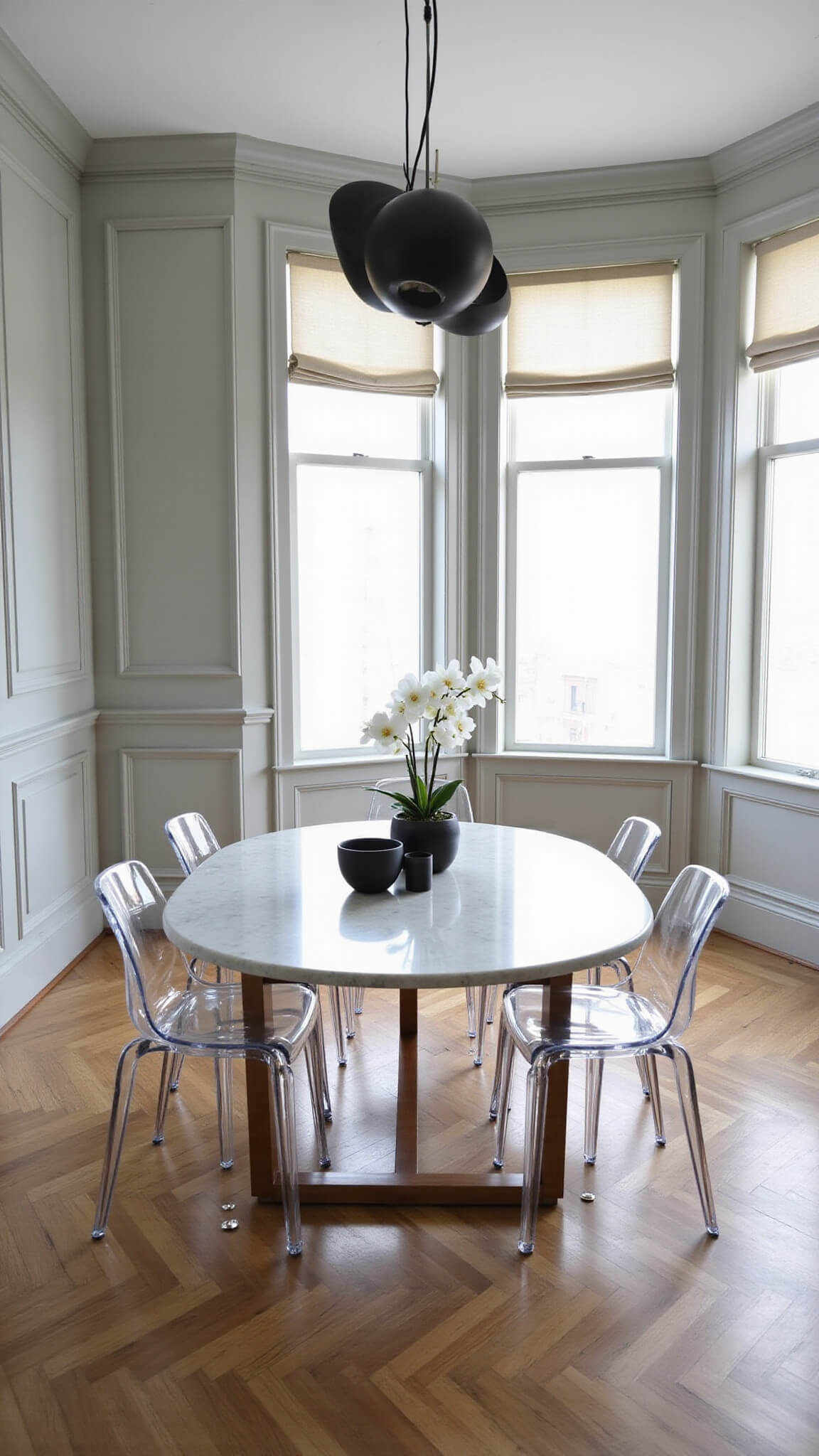 Modern minimalist dining room with oval marble table, ghost chairs, black pendant light, and herringbone wood floors in soft morning light.