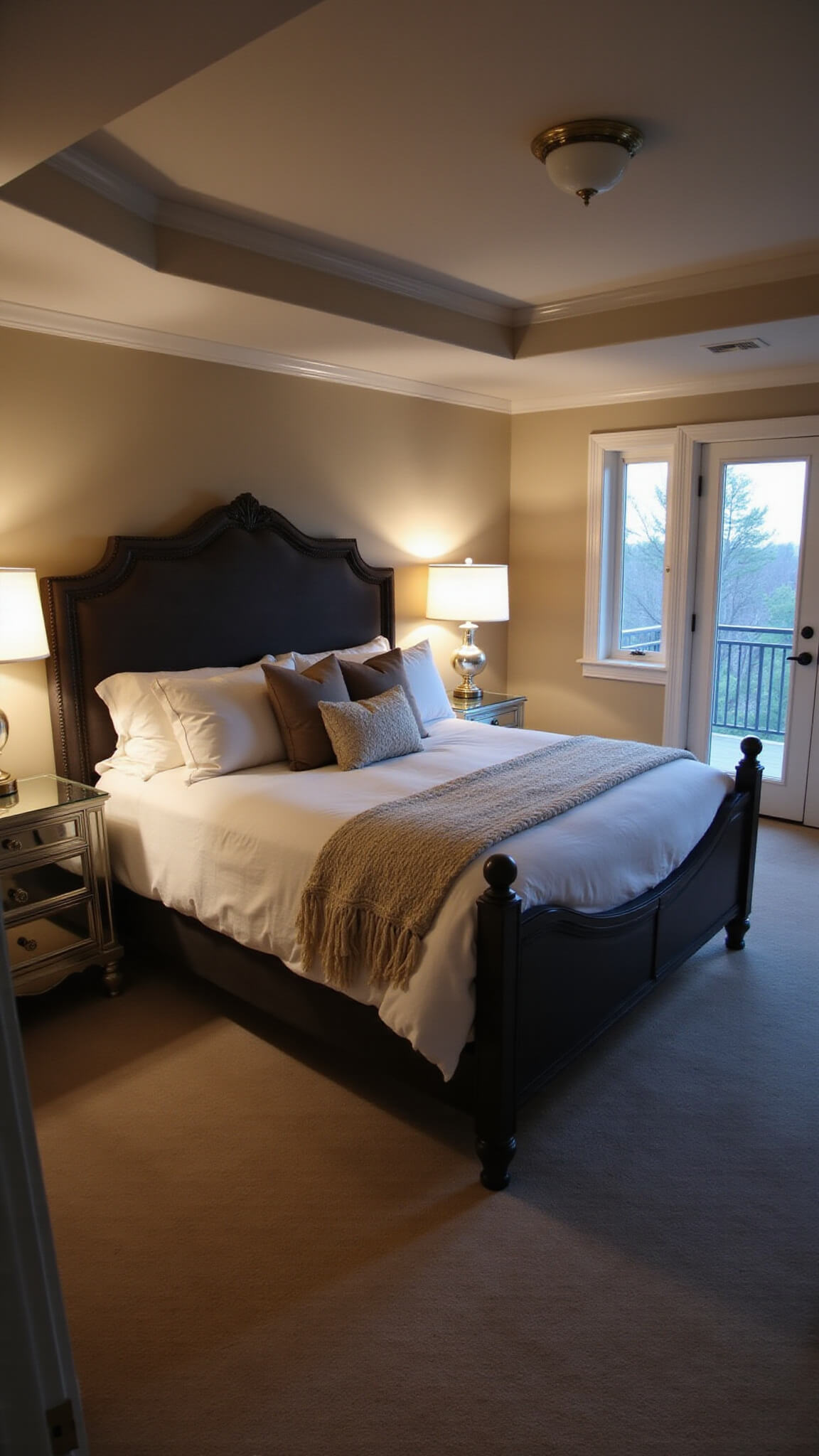 Cozy 16x18ft master bedroom with tray ceiling, king bed in white linens and charcoal headboard, warm bedside sconces, antique mirror nightstands, and French doors to balcony at dusk.