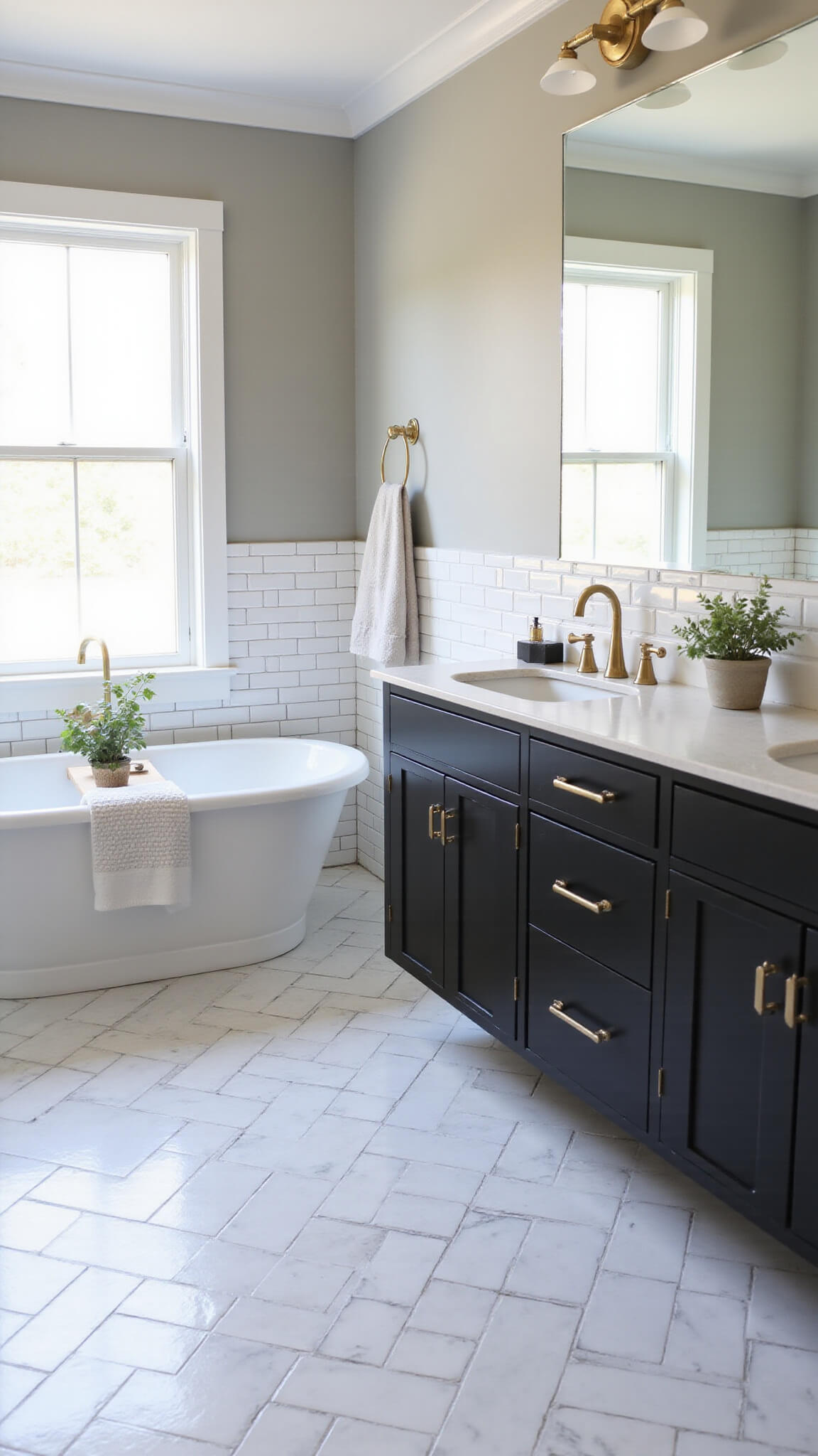 Spa-like bathroom with marble herringbone floor, floating matte black double vanity, oversized mirror, soaking tub under eucalyptus-adorned window, and white subway tile with dark grout.