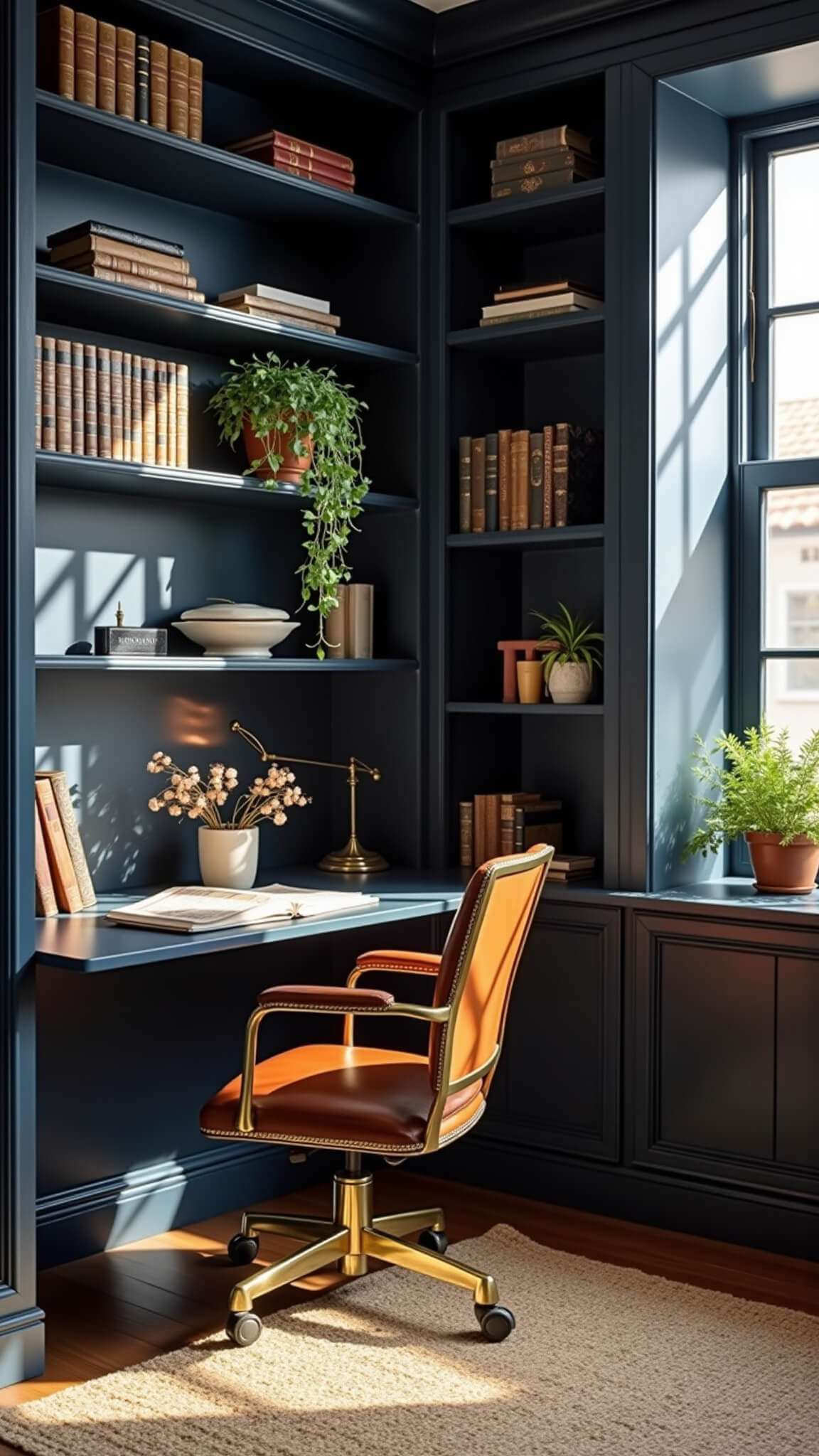 Home office nook with navy built-in bookshelves, vintage leather chair at brass-accented desk, sunlit shadows from steel windows, and styled shelves with books, ceramics, and plants.