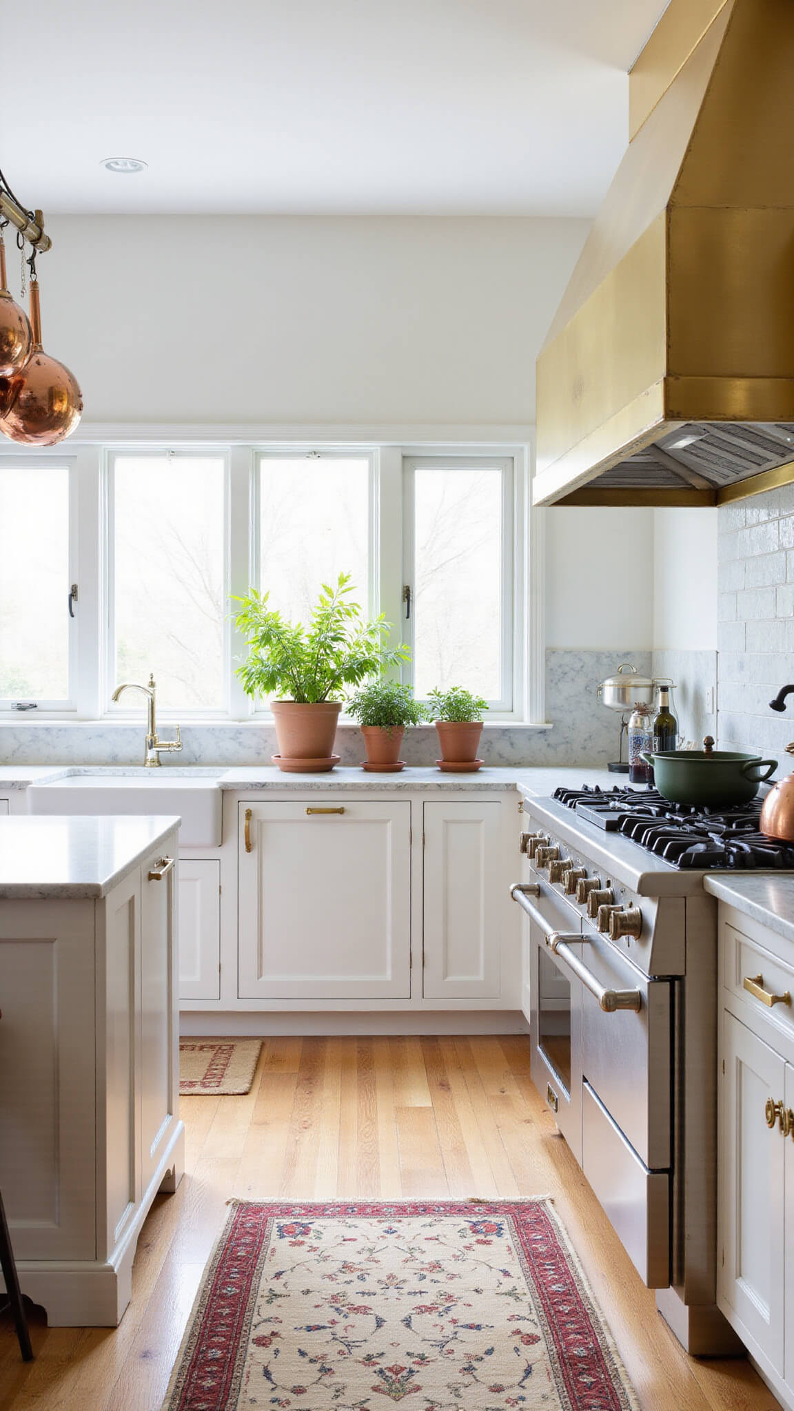 Bright chef's kitchen with 10ft island, white Shaker cabinets, marble counters, brass range hood, and copper pots hanging above.