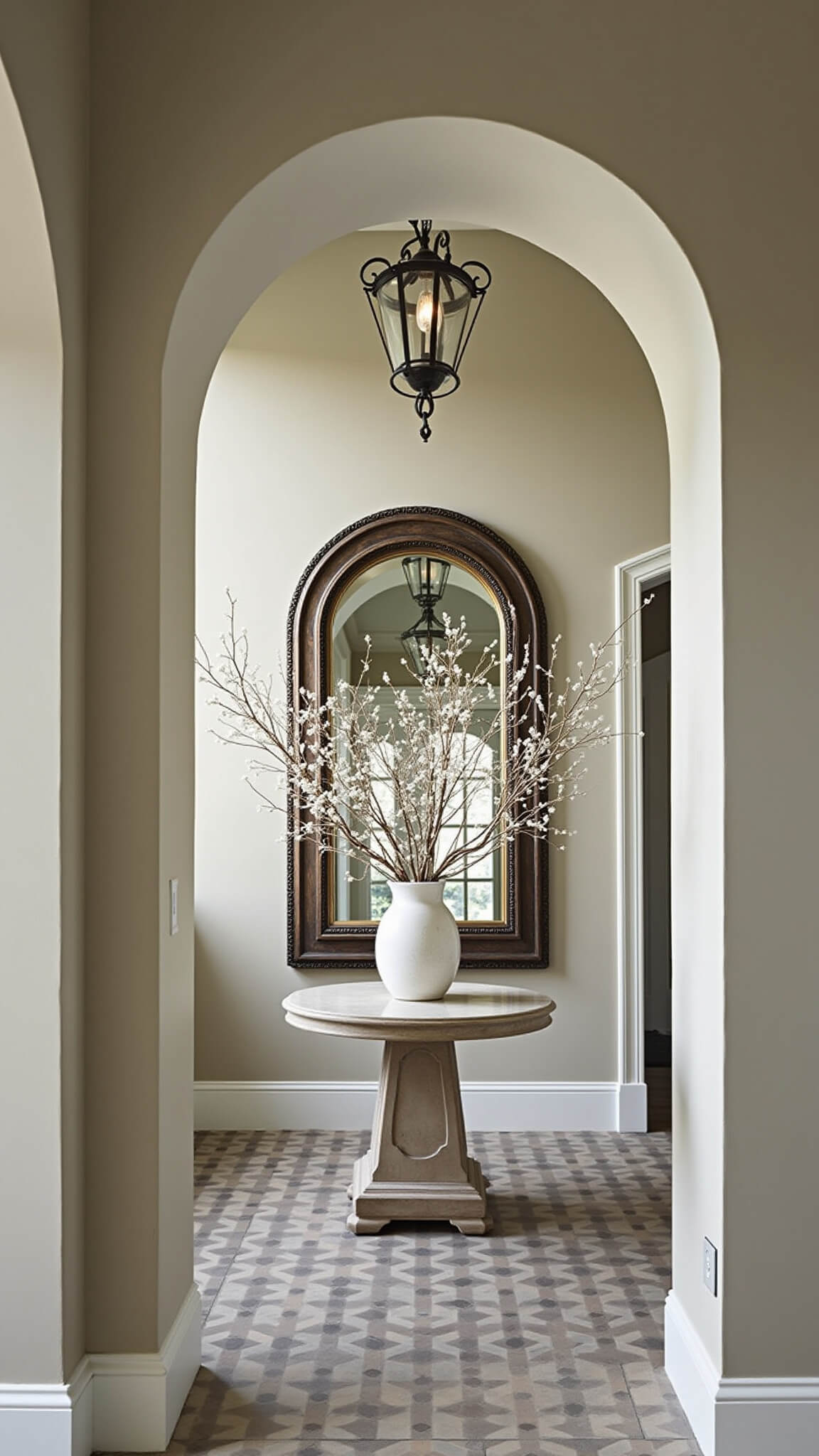 Elegant entry foyer with 12ft ceiling, dramatic chandelier, marble table with white branches, arched doorway, large mirror, and geometric tile floor at twilight.