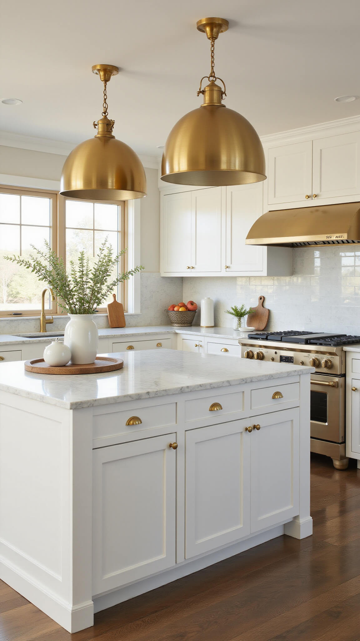 Sunlit transitional kitchen with white shaker cabinets, brass accents, marble-veined quartz island, and floor-length windows at golden hour.