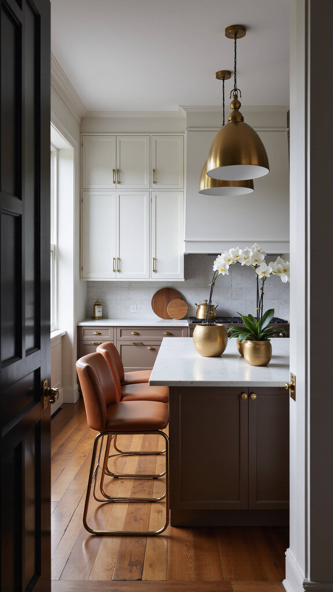 Modern white kitchen at dusk with gold accents, featuring high lacquer cabinets, quartz waterfall island, brass pendant lights, and leather barstools.