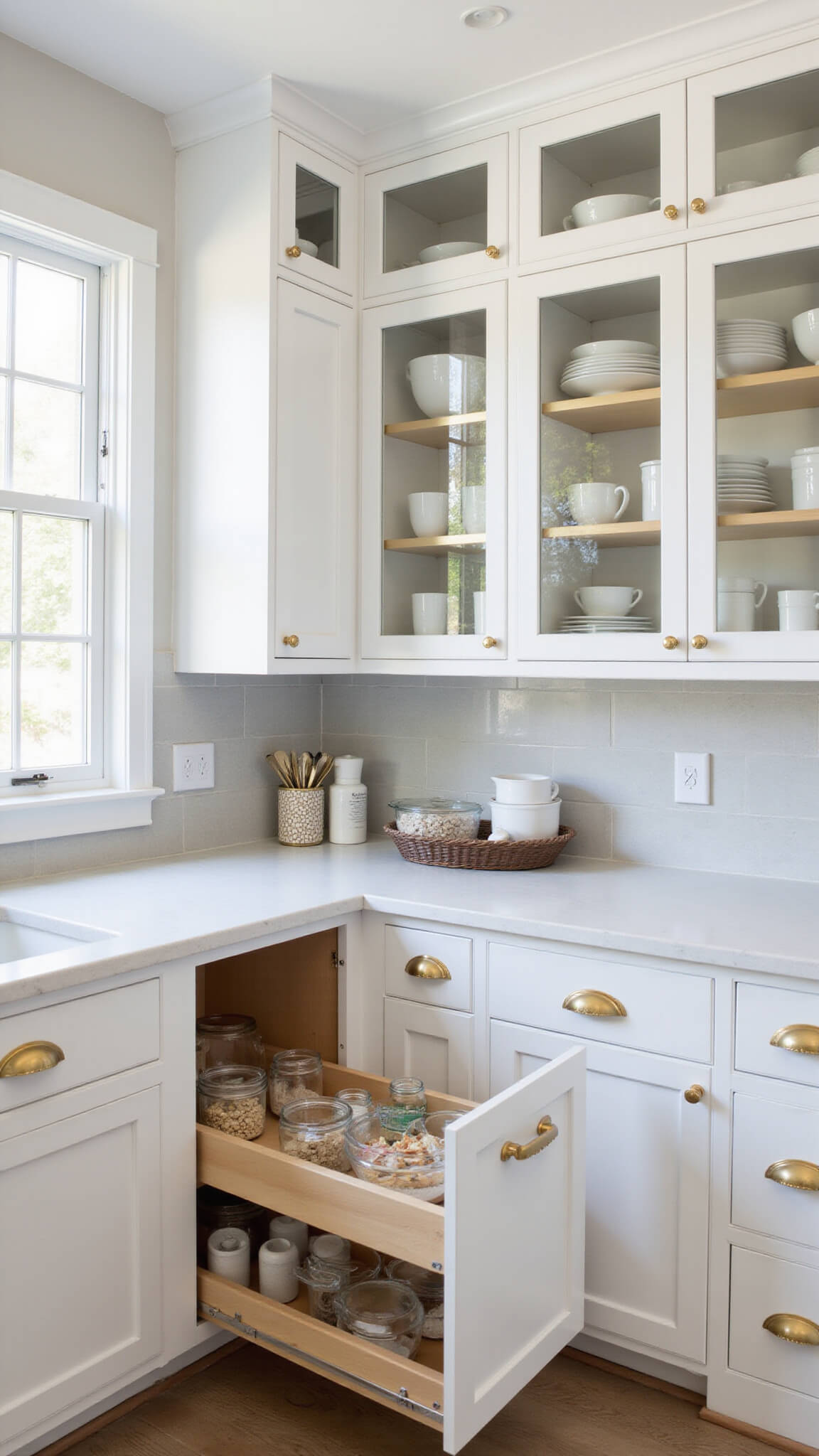Organized bright morning kitchen with white cabinetry, gold accents, and glass-front cabinets displaying white dinnerware.