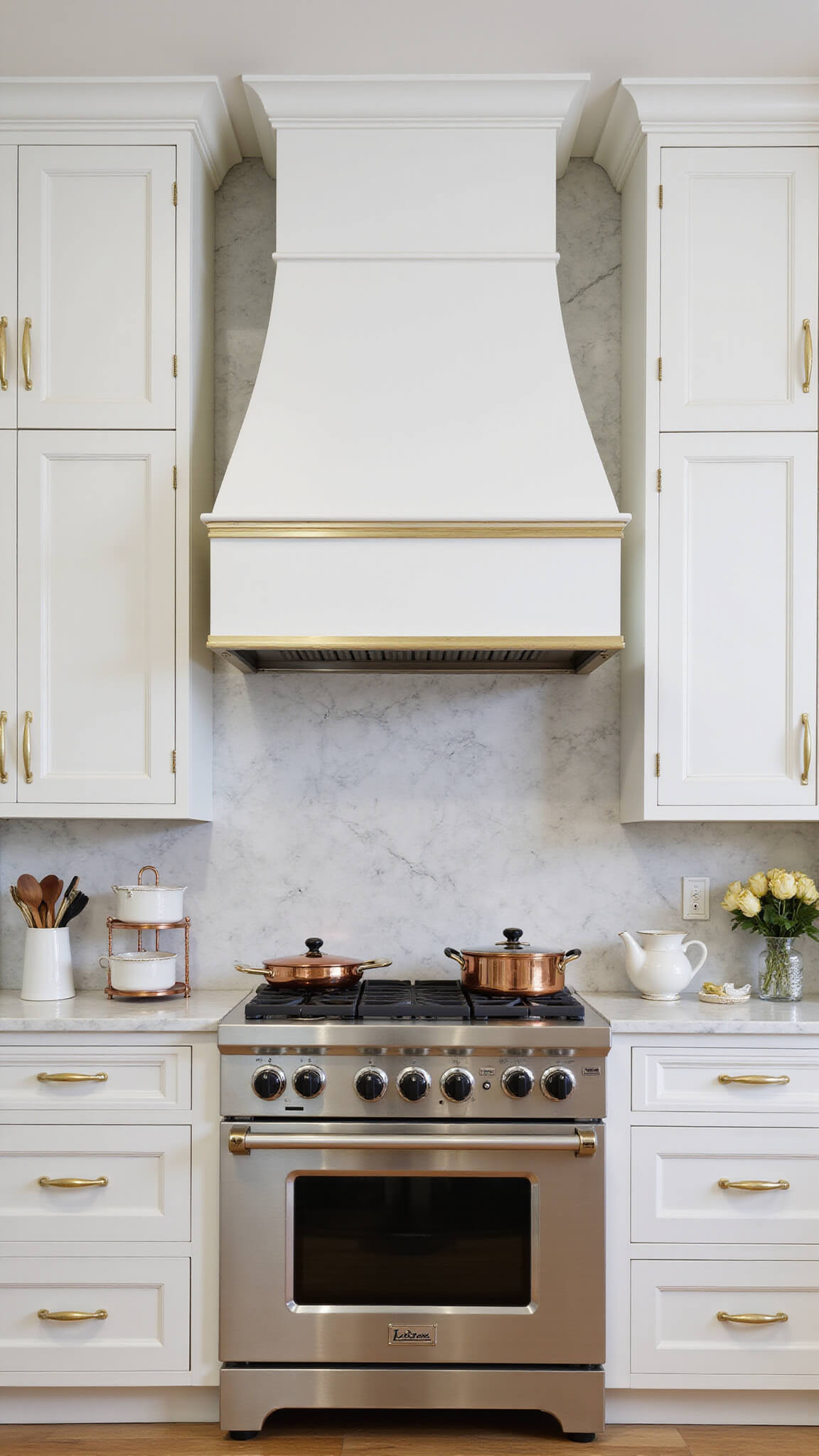 Luxury kitchen corner with white cabinets, gold accents, marble backsplash, and copper cookware.