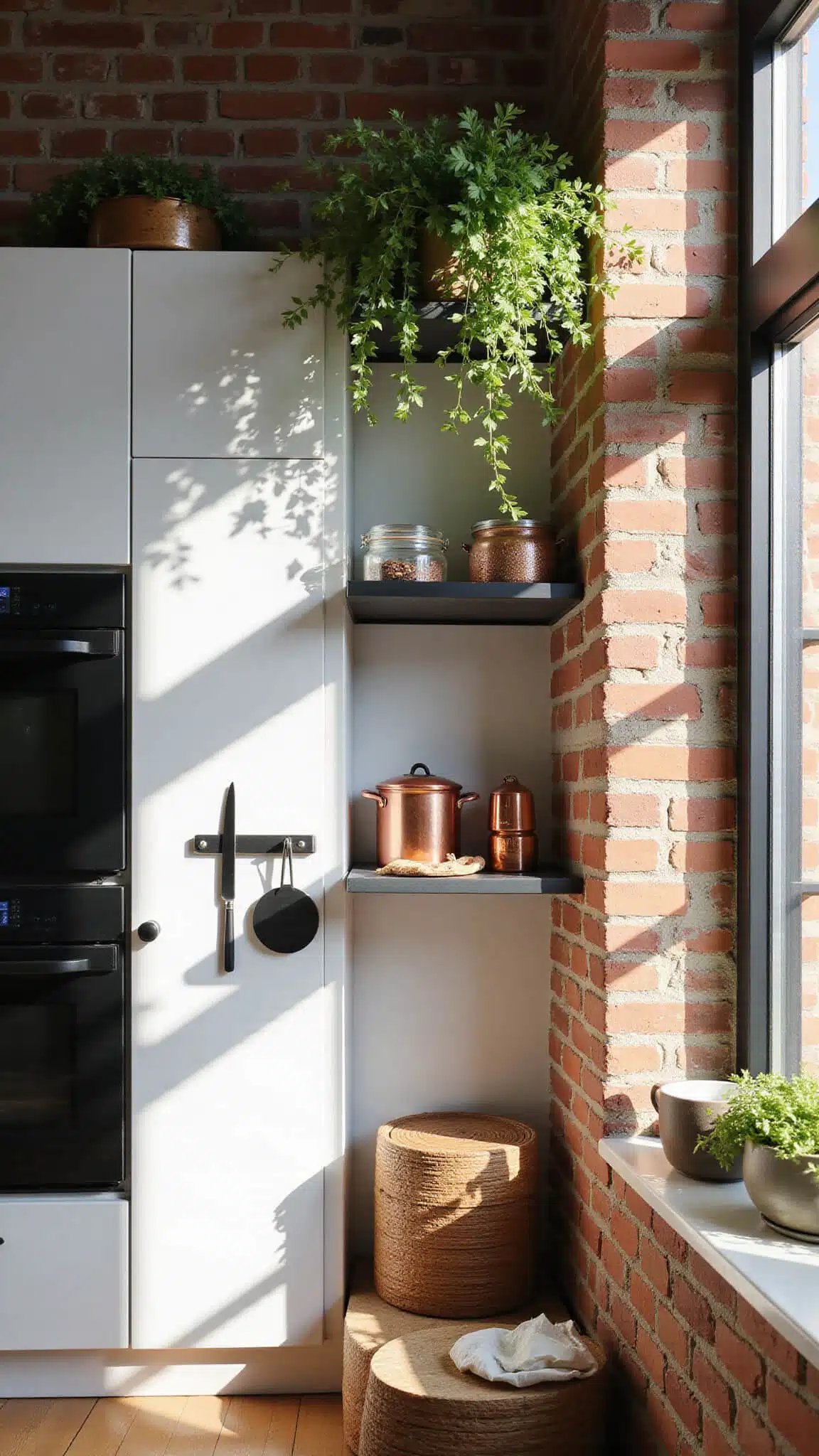 Low-angle view of sunlit urban kitchen with white open shelving, exposed brick wall, hanging plants, copper cookware, glass jars, and matte black hardware.