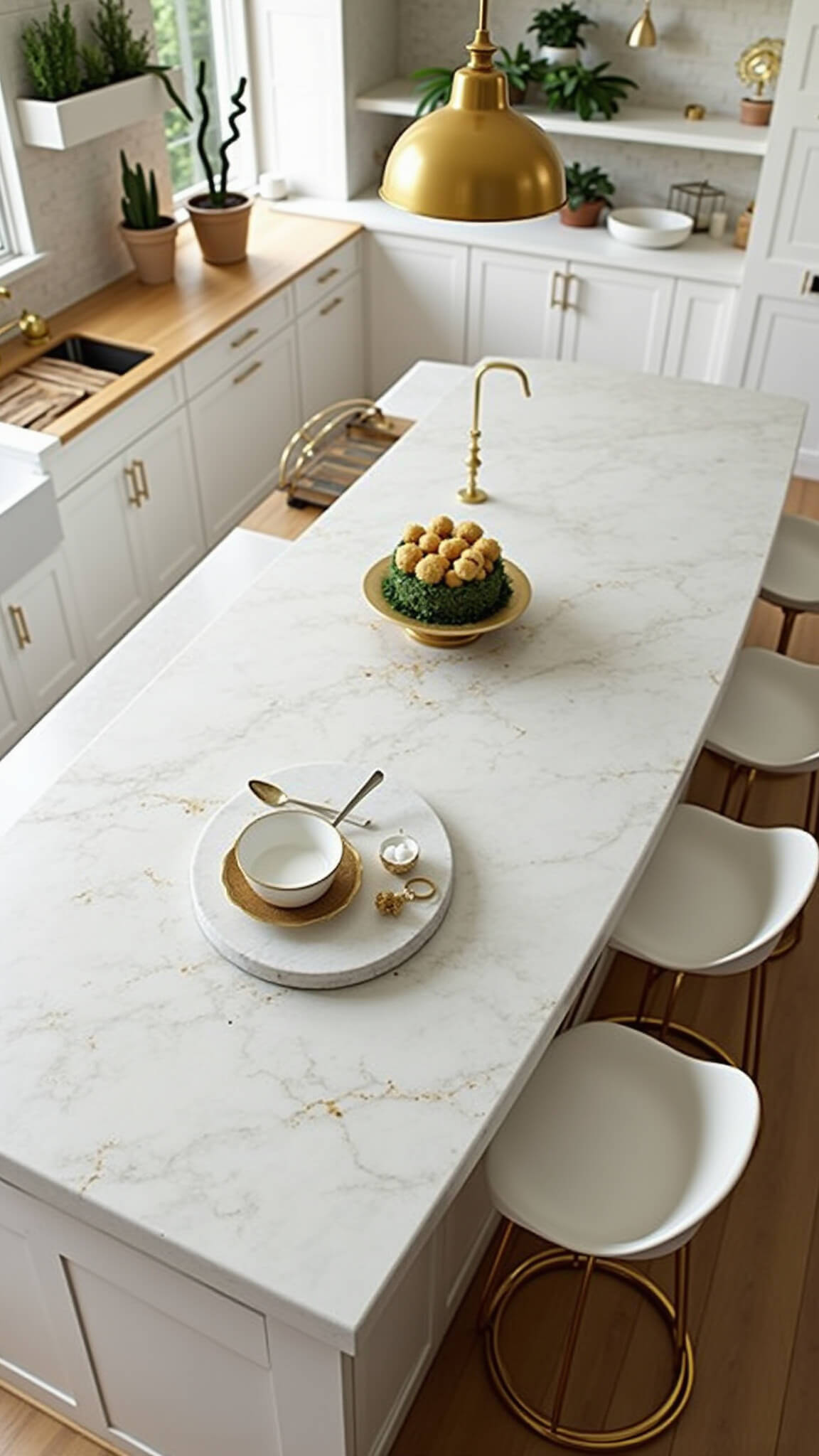Overhead view of kitchen island with white quartz and gold accents, styled with marble pastry board, gold-rimmed serveware, brass lighting, and white bar stools with gold bases.