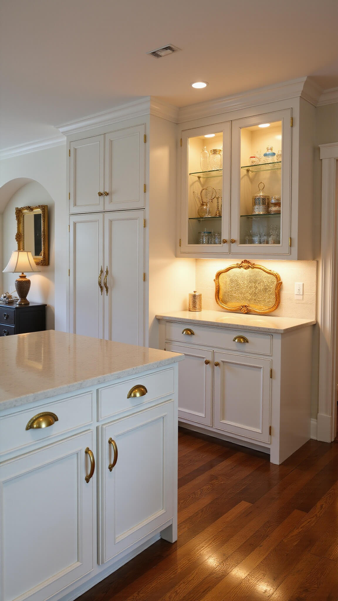 Butler's pantry with white cabinetry, antique gold hardware, glass fronts, and warm lighting reflecting off a gold-framed mirror backsplash.