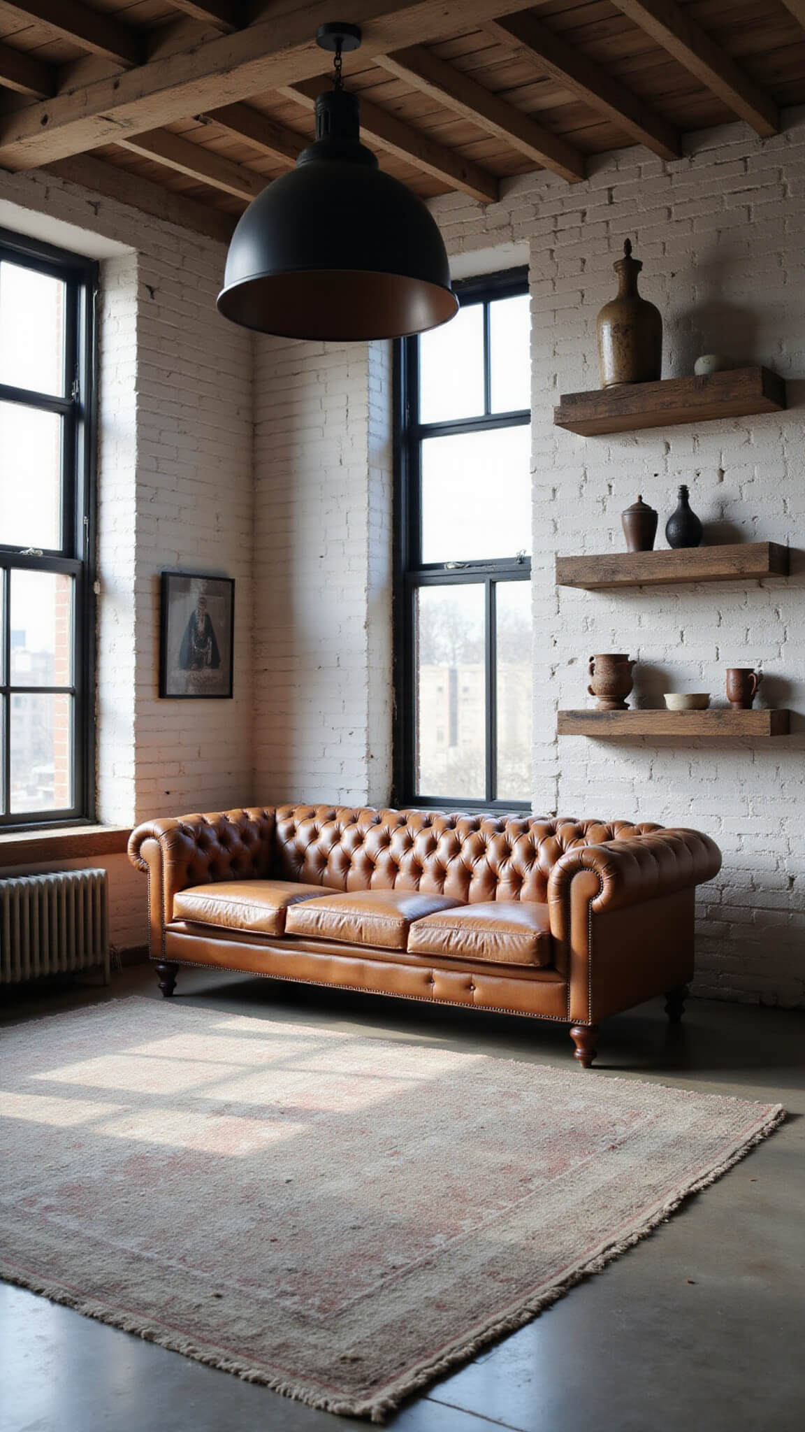 Sunlit open-concept living room with high exposed beam ceilings, leather Chesterfield sofa, whitewashed brick walls, vintage décor, and dramatic morning light through industrial windows.