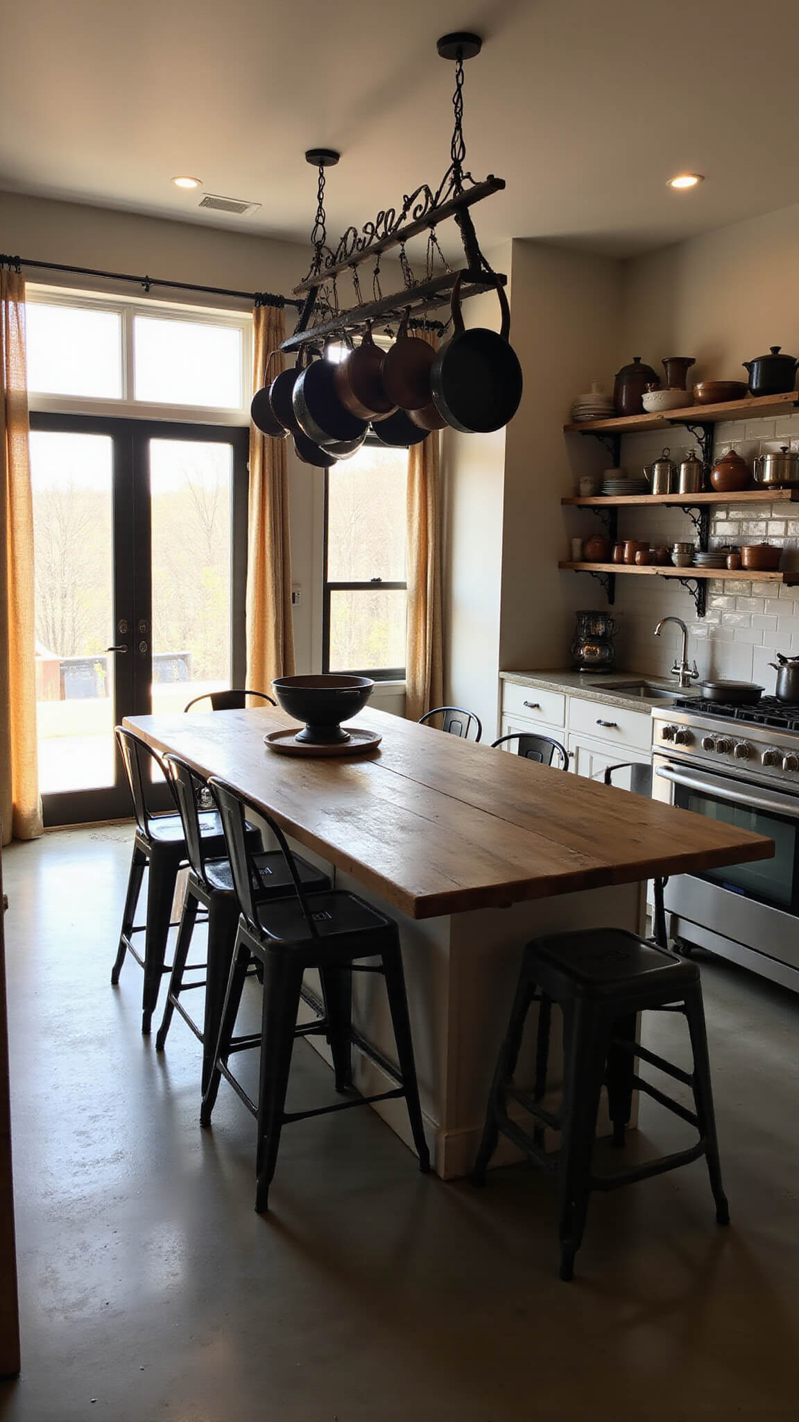 Industrial farmhouse kitchen with concrete countertops, subway tile backsplash, salvaged wood island, and black iron pot rack under golden hour light.