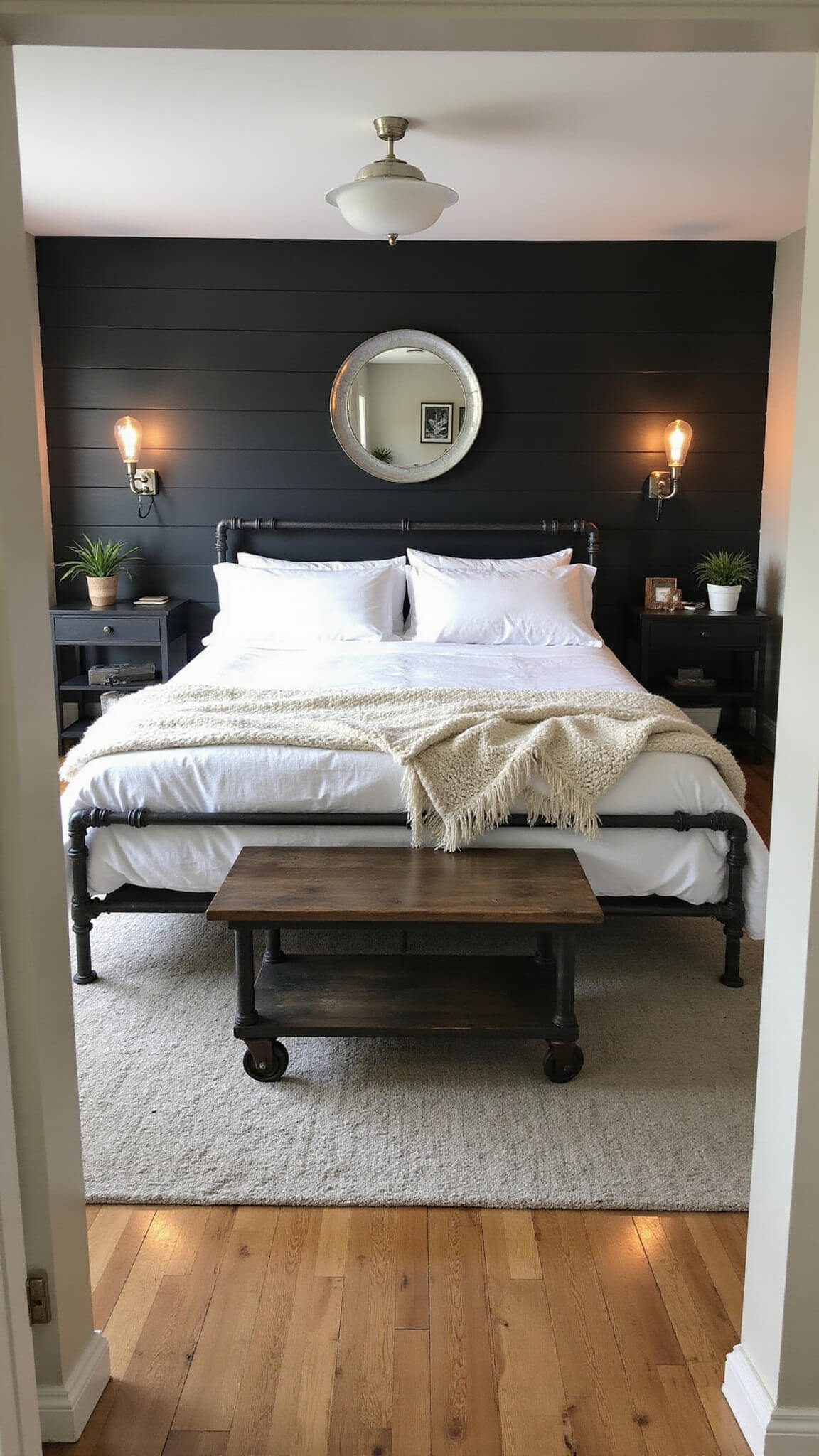 Master bedroom with black shiplap accent wall, king bed in white linens, industrial nightstands, Edison sconces, vintage cart bench, and galvanized mirror in dawn light.