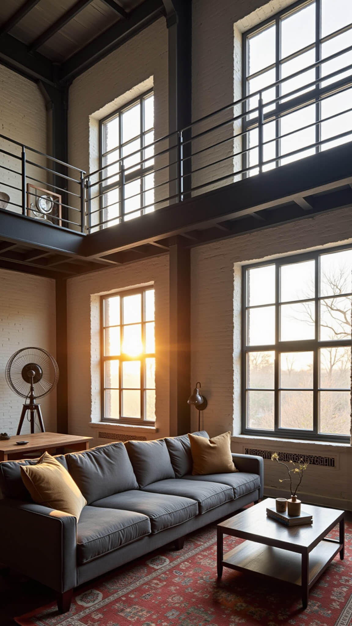 Dramatic double-height industrial loft living room with charcoal sectional, vintage cart coffee table, and golden hour light streaming through tall windows, viewed from catwalk above.