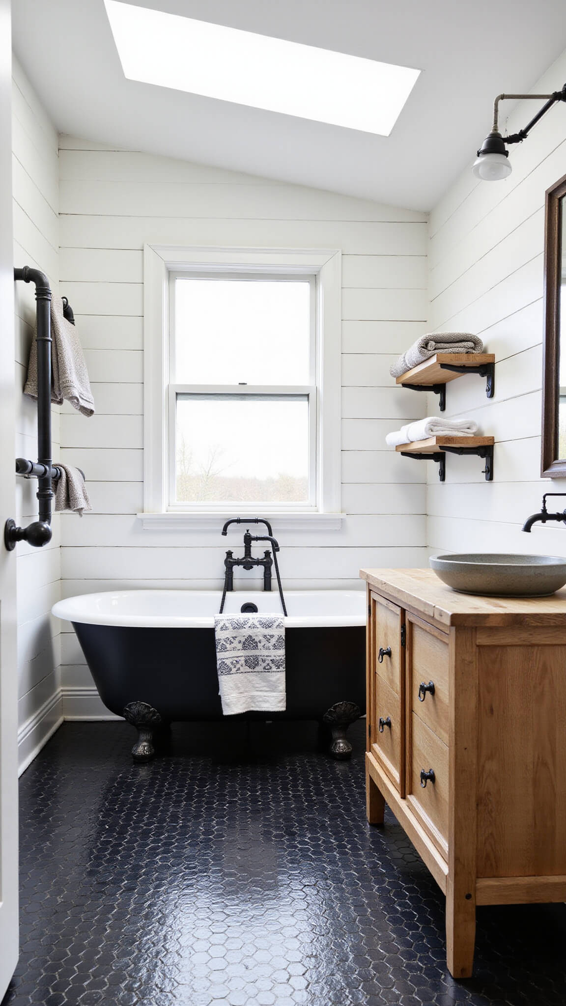 Farmhouse bathroom with black hexagon floor tiles, white shiplap walls, skylight, matte black clawfoot tub, industrial pipe shelves with Turkish towels, and salvaged wood vanity with concrete vessel sink.