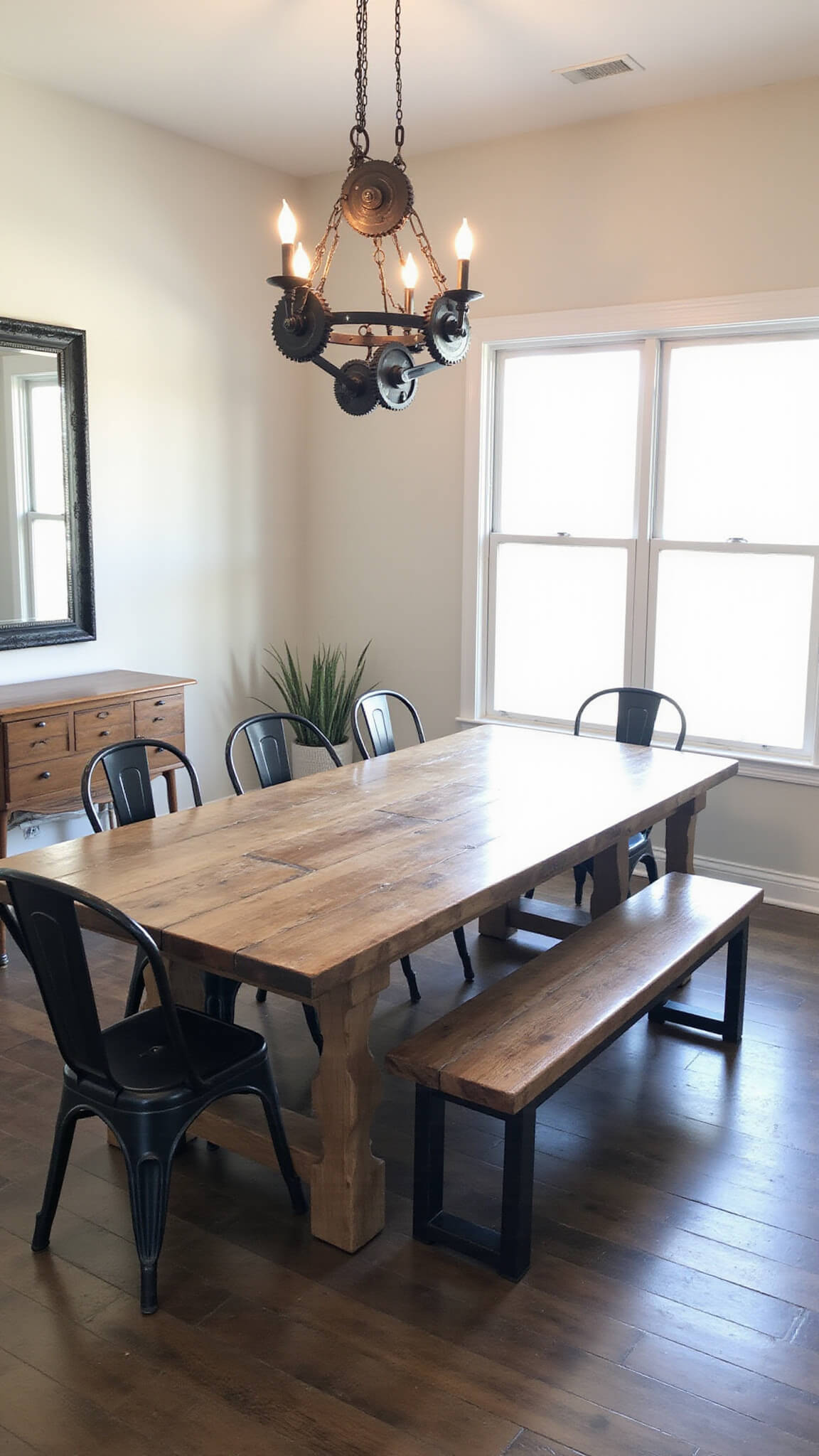 Dining area with harvest table, vintage pulley chandelier, mixed seating, and black steel-framed mirror in sunlit space with high ceilings.