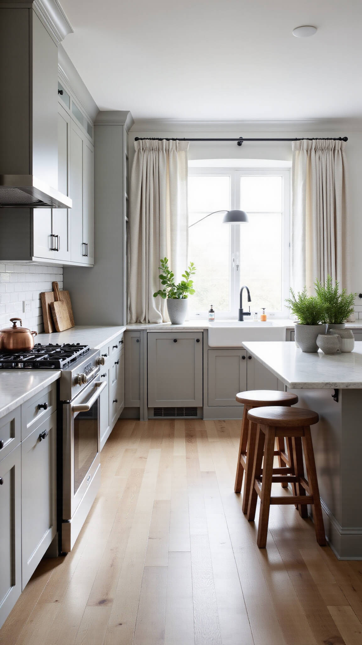 Modern Scandinavian kitchen with light gray shaker cabinets, white oak flooring, quartz waterfall island, and early morning sunlight filtering through sheer curtains.
