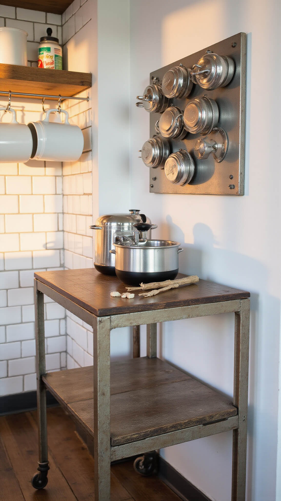 Compact kitchen corner with enamel mugs on chrome hooks, magnetic spice tins on steel panel, and bar cart with appliances against white subway tile backdrop.