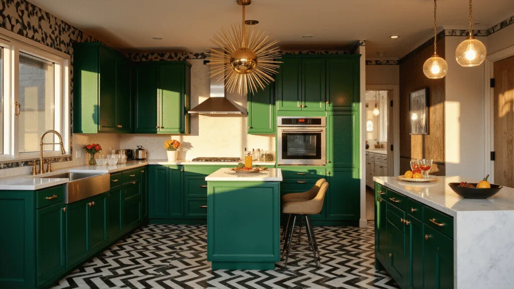 "Art Deco kitchen with emerald cabinets, black and white chevron flooring, a quartzite island, brass sunburst chandelier, and chrome hardware details"