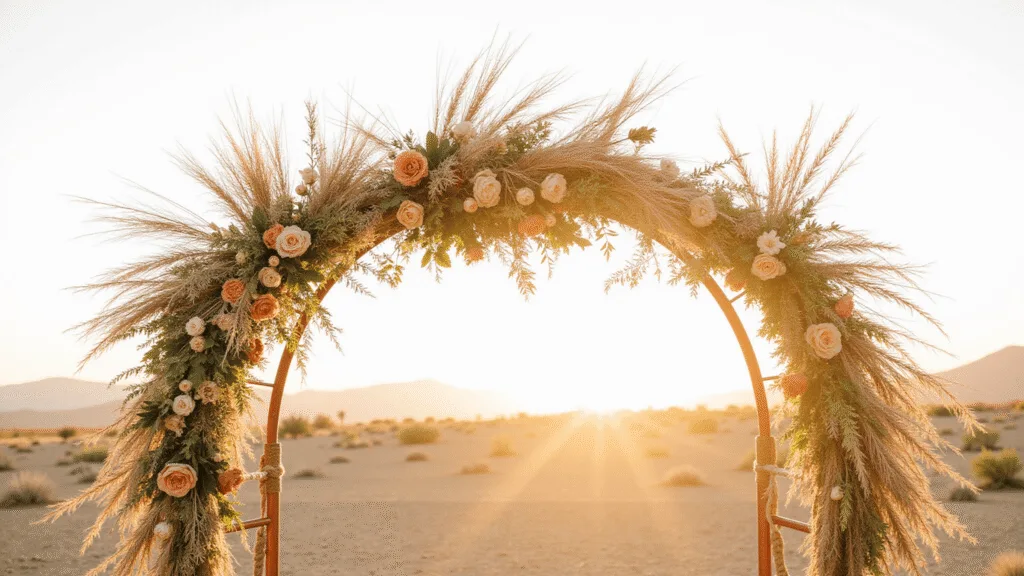 "Bohemian wedding arch with pampas grass and dried flowers against a golden sunset backdrop"