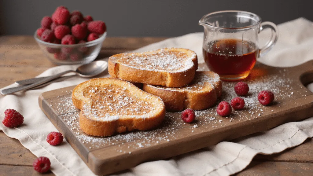 "Golden French toast sticks with powdered sugar, berries, and maple syrup on a rustic wooden board"