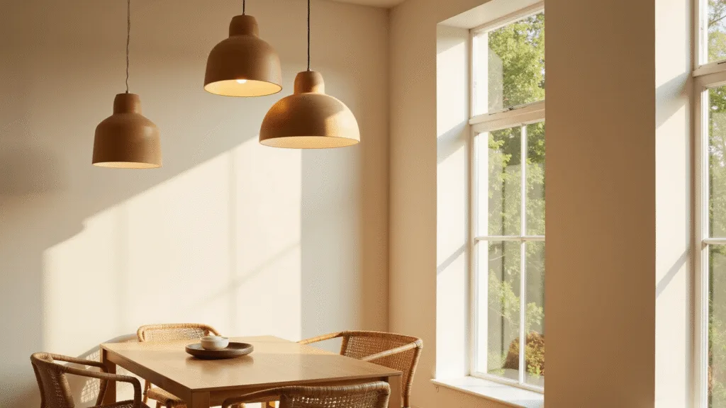 "Japandi-style interior with minimalist pendant lights, natural bamboo furniture, and warm beige walls in golden hour lighting."