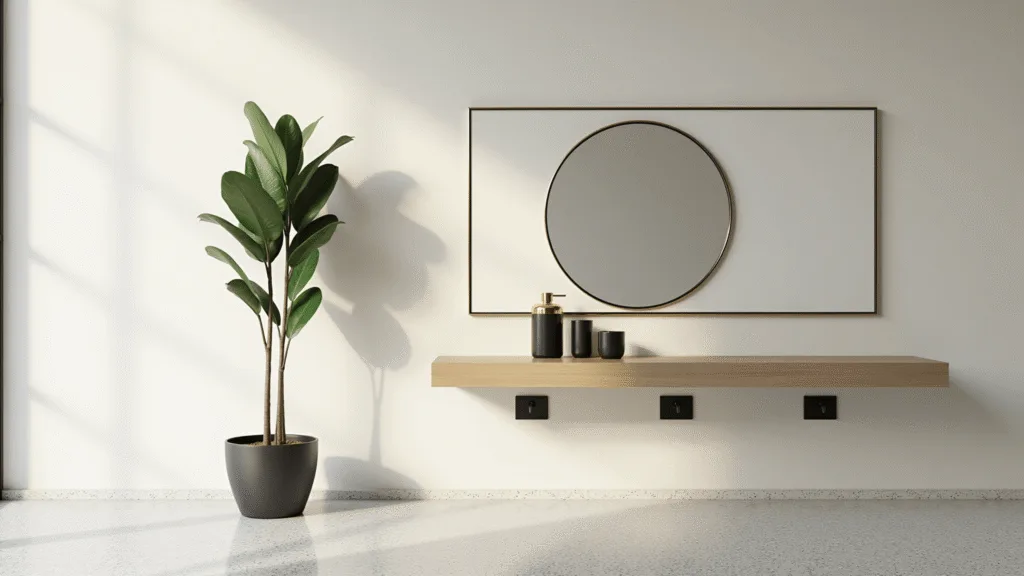 "Modern minimal entryway with white floating shelf, brass mirror, terrazzo floor, and natural light"