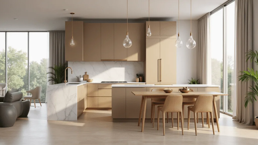 Luxurious modern kitchen with beige cabinets, marble island, brass hardware and natural wood accents, flooded with natural light from floor-to-ceiling windows.