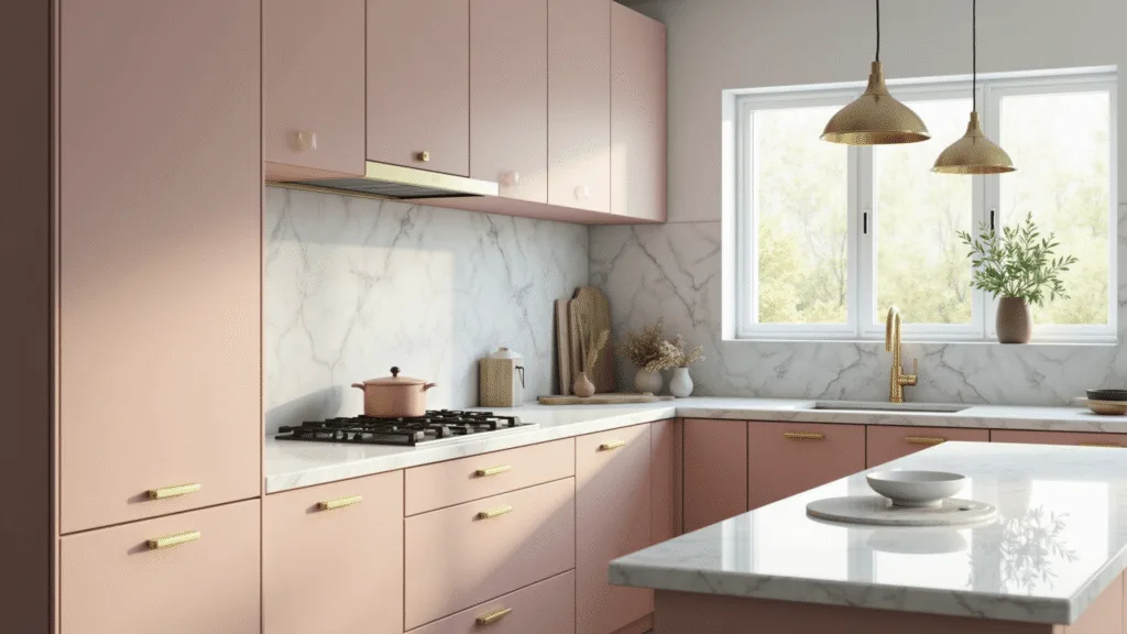"Contemporary kitchen with blush pink cabinets, white marble countertops, brass handles and morning sunlight streaming through the windows"