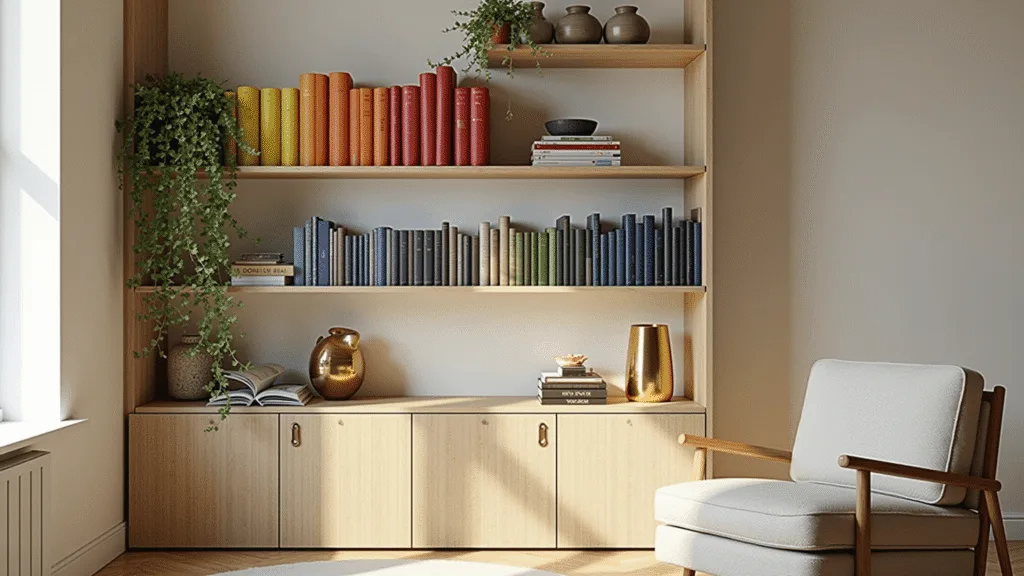 "Modern bookshelf styled with rainbow-ordered books, vintage accents, and warm lighting"