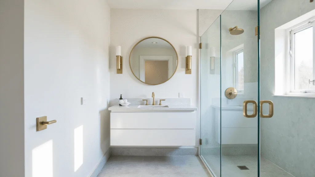"Modern minimalist bathroom with floating vanity, glass shower, marble tiles, and brass fixtures bathed in natural morning light"