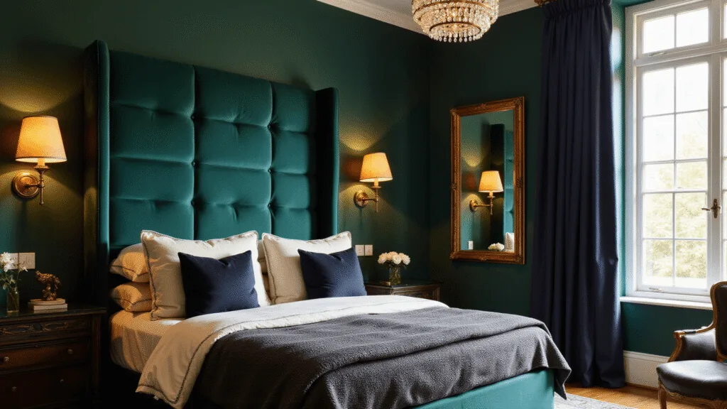 "Luxurious bedroom with emerald green walls, velvet headboard, vintage brass lighting, and navy curtains filtering golden light"
