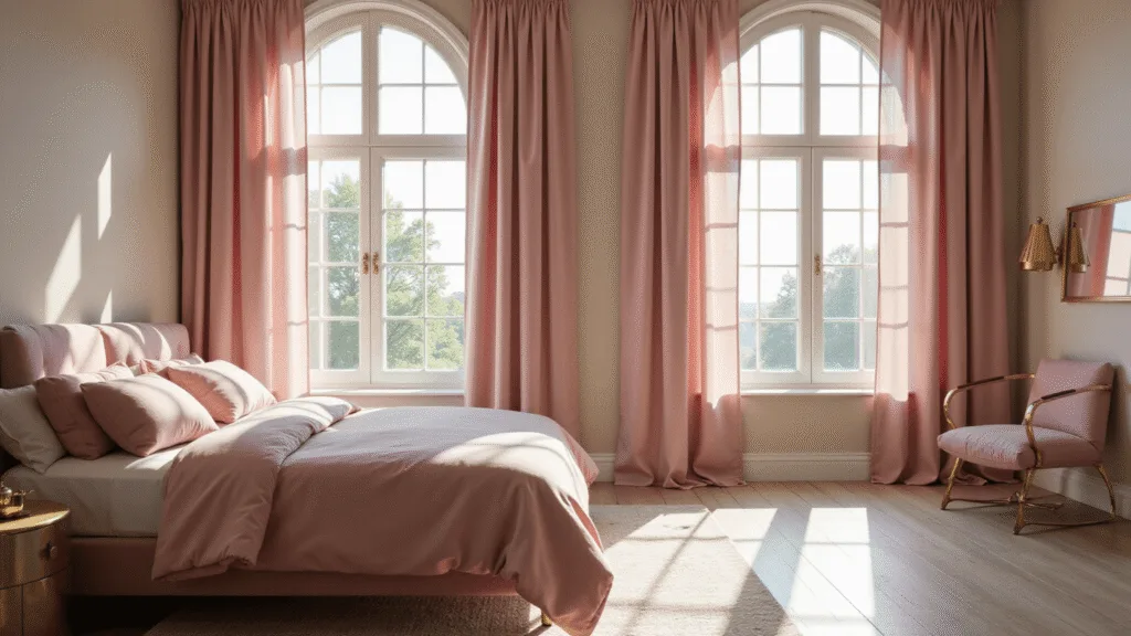 "Sunlit modern master bedroom with blush pink velvet curtains, cream walls, and contemporary minimalist decor"