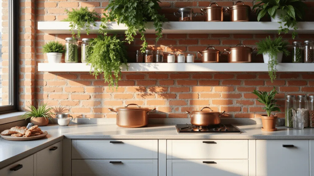 "Sunlit tiny apartment kitchen with white shelves, exposed brick walls, hanging plants, copper cookware, glass jars, and matte black hardware in the morning light"