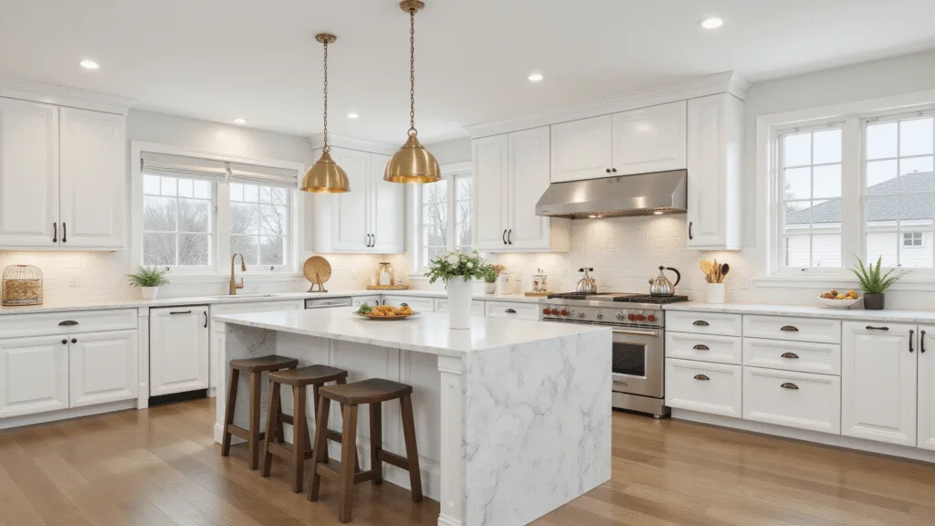 "Transitional kitchen design featuring shaker cabinets, marble countertops, brass hardware, and soft natural light"