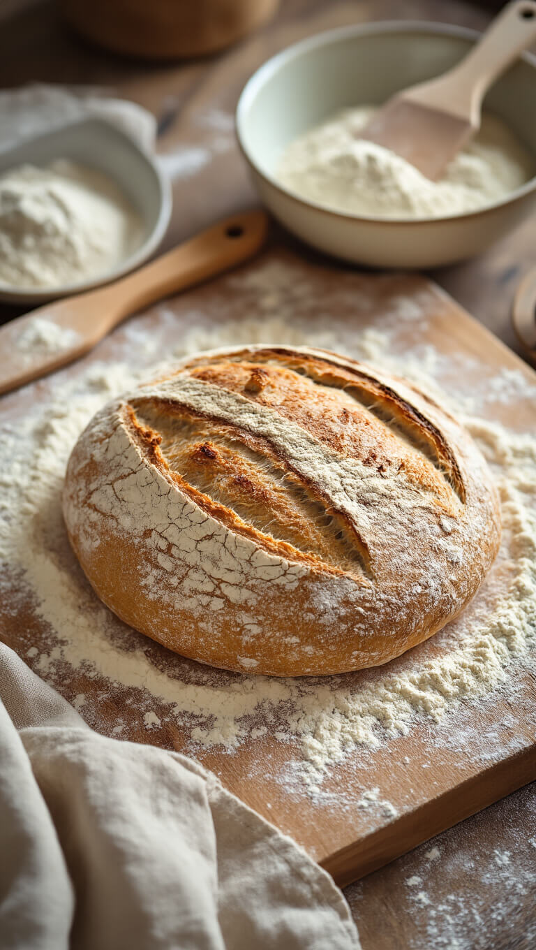Hand-kneaded bread on flour-dusted butcher block with ceramic bowls and vintage bread paddle in soft morning light.