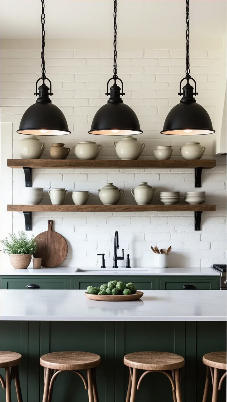 Moody twilight kitchen with black iron pendant lights over large island, whitewashed brick wall, reclaimed wood shelves holding ironstone pottery, and deep green lower cabinets.