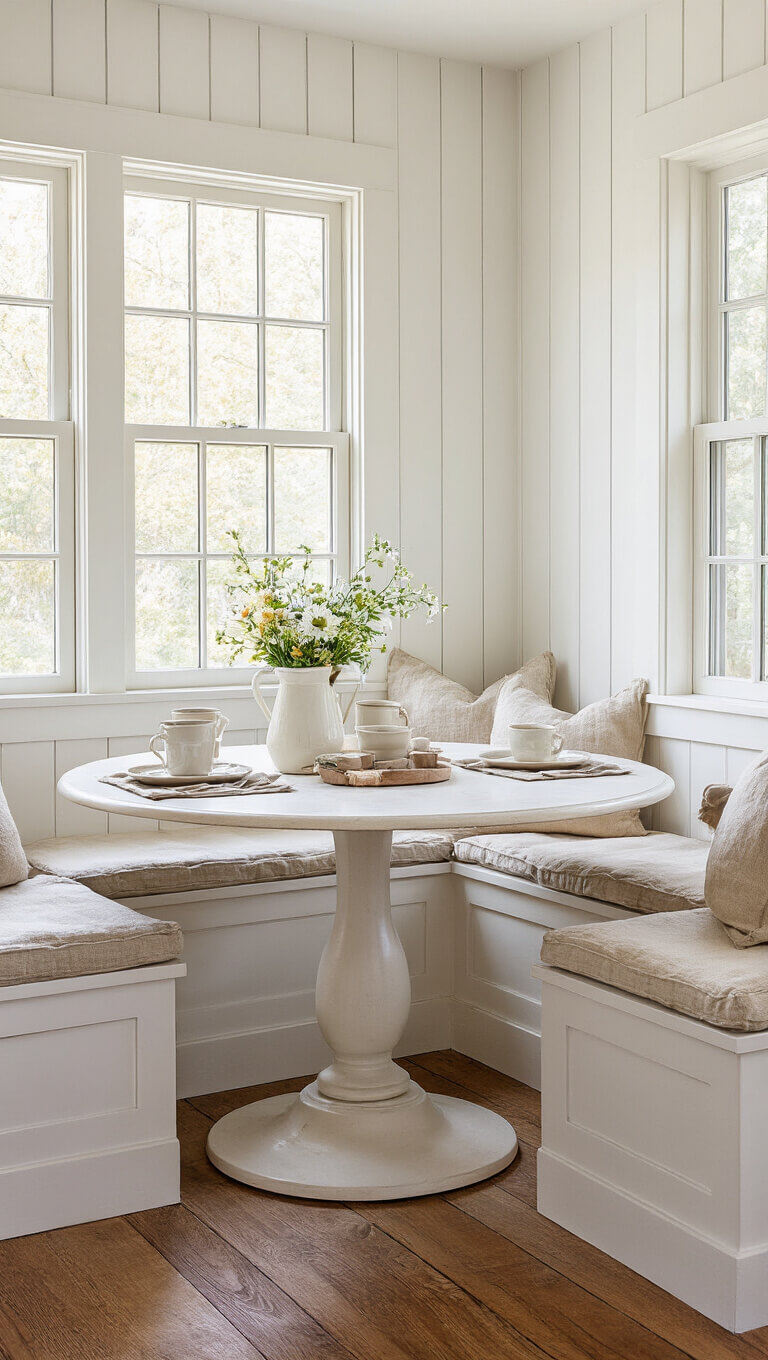 Cozy breakfast nook with built-in bench seating, vintage grain sack cushions, ironstone coffee cups, and fresh flowers on a round table, bathed in morning light through lead-paned windows.