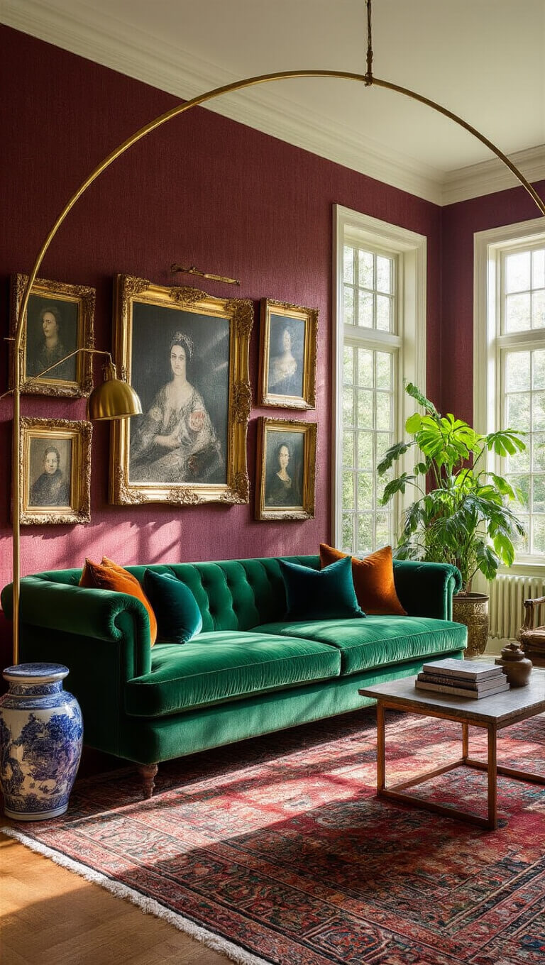 Photorealistic cinematic shot of a luxurious sunlit living room with emerald velvet sofa, burgundy wallpaper, layered jewel-toned rugs, brass floor lamp, eclectic gallery wall, and floor-to-ceiling windows casting golden hour shadows.