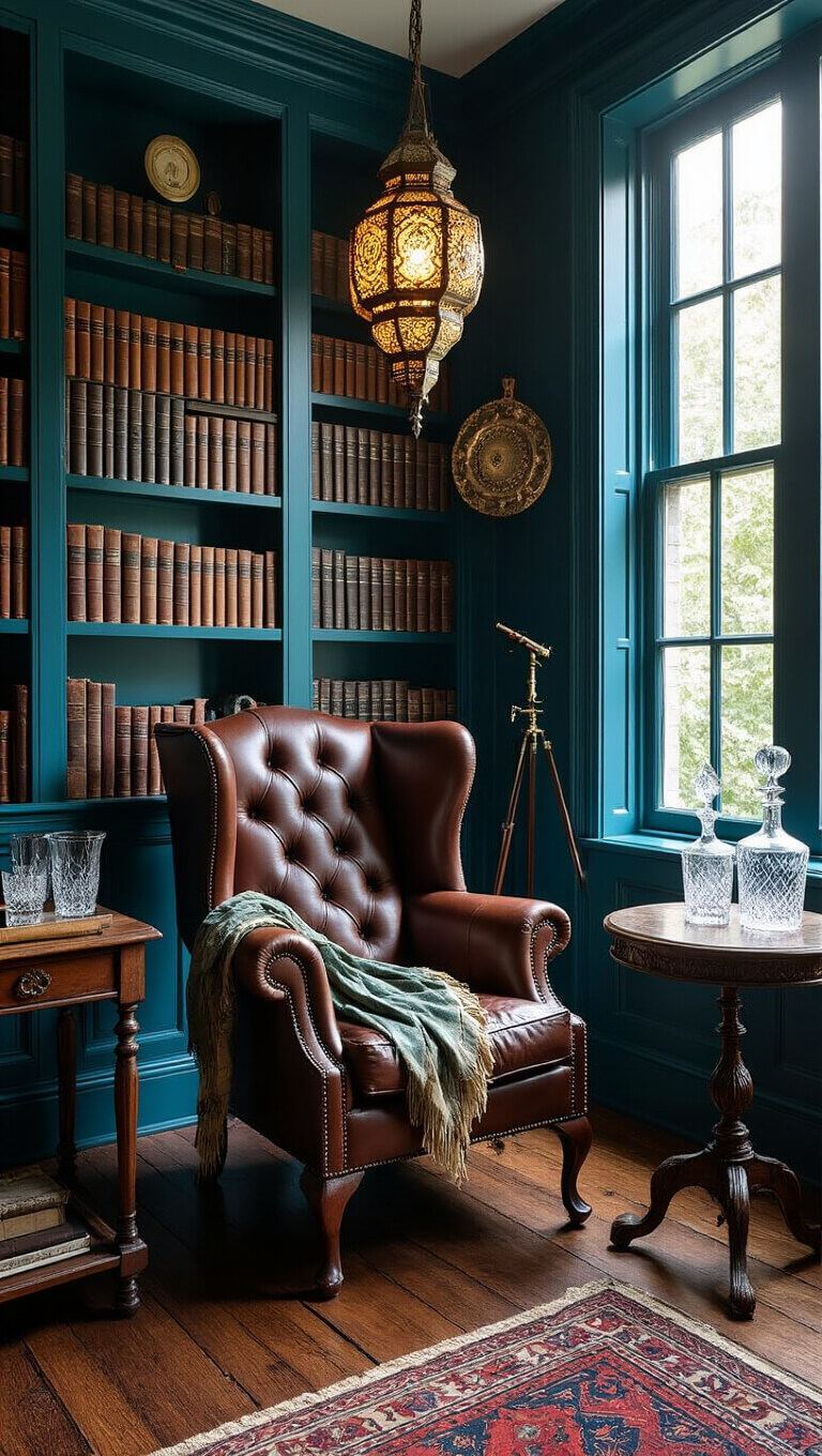 Victorian study corner with teal bookshelf, leather wingback chair, brass telescope, and morning blue hour lighting.