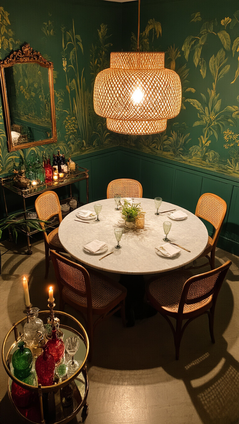 Eclectic dining room with round marble table, mismatched vintage chairs, rattan pendant light, botanical mural walls, bar cart with colored decanters, potted palm, and candlelit antique mirror.